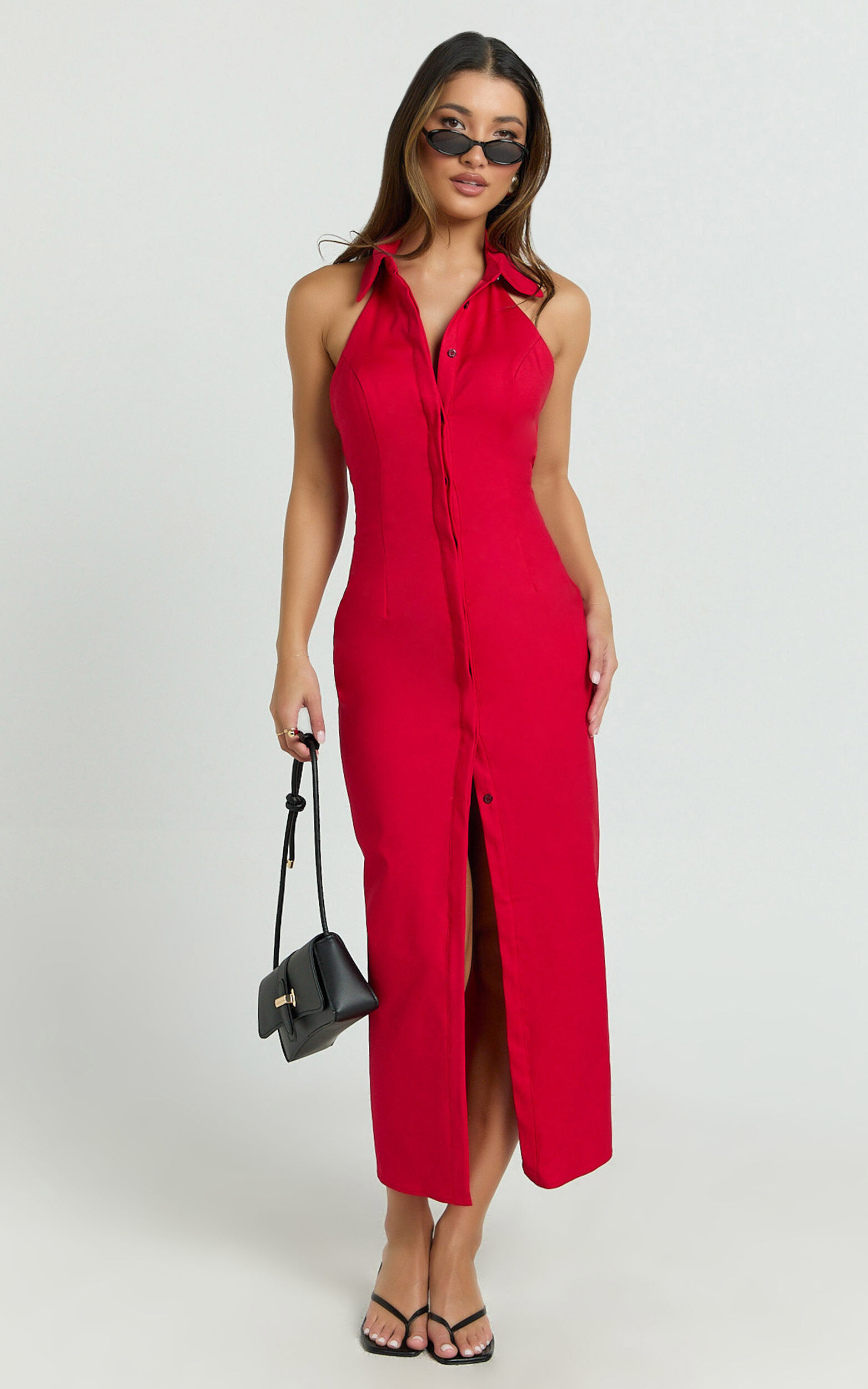 Lillibelle Midi Dress - Collared Button Down Bodycon Dress in Red