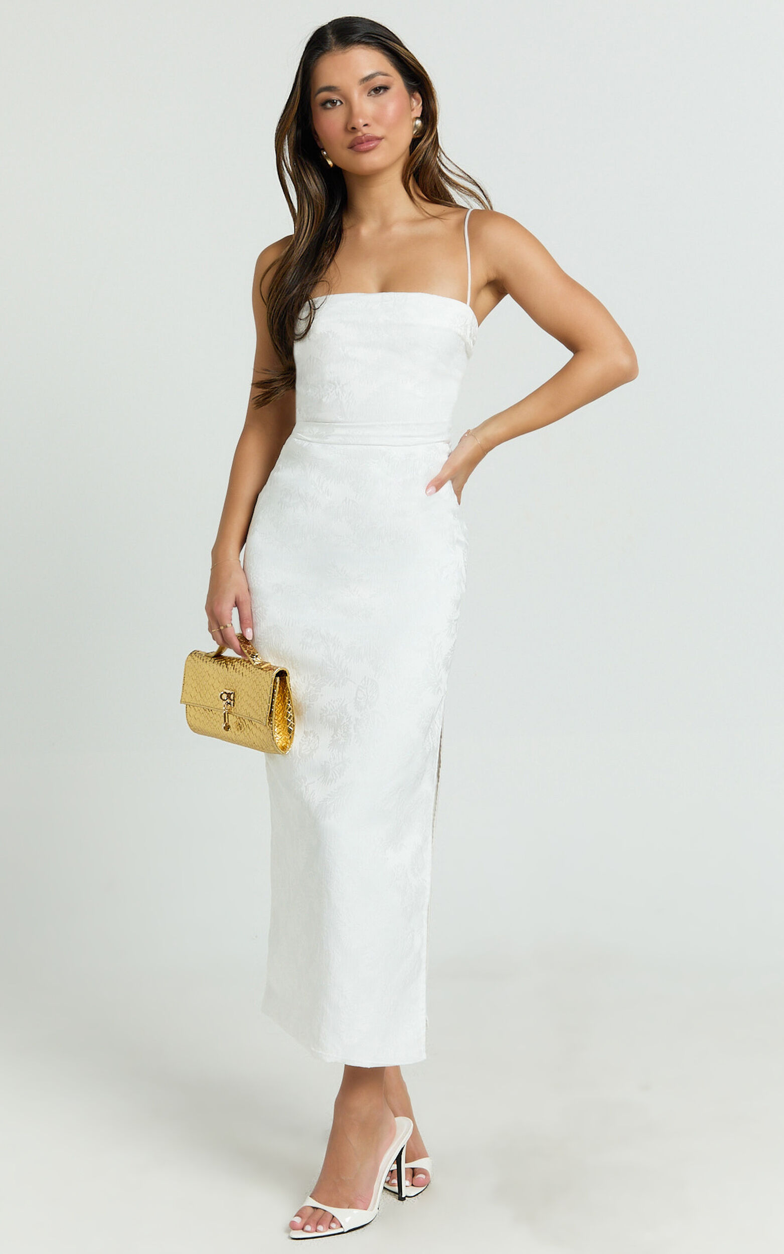 Indiana Midi Dress - Jacquard Square Neck Lace Back Fitted Dress in White