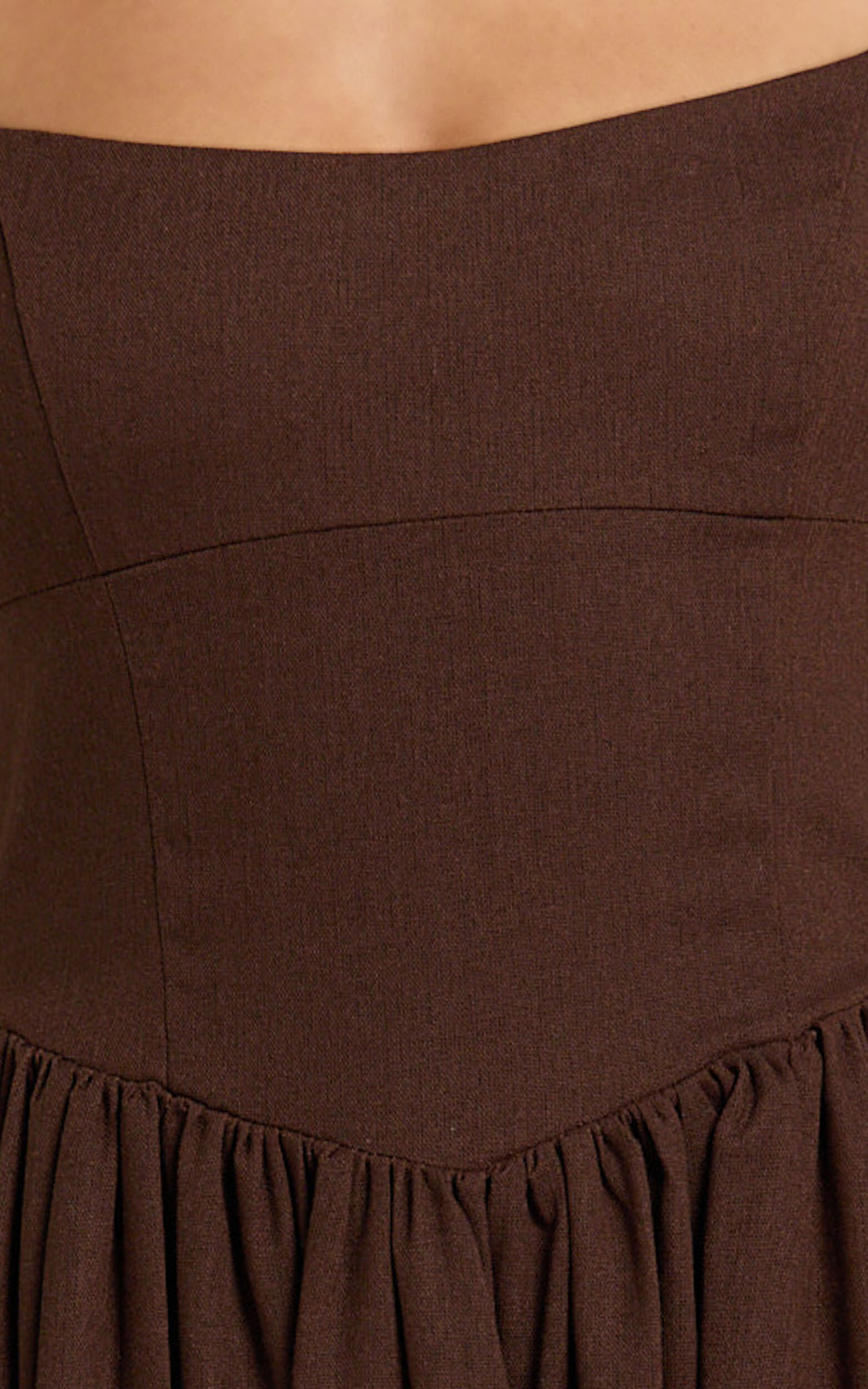 Morris Midi Dress - Linen Scoop Neck Gathered Dress in Chocolate