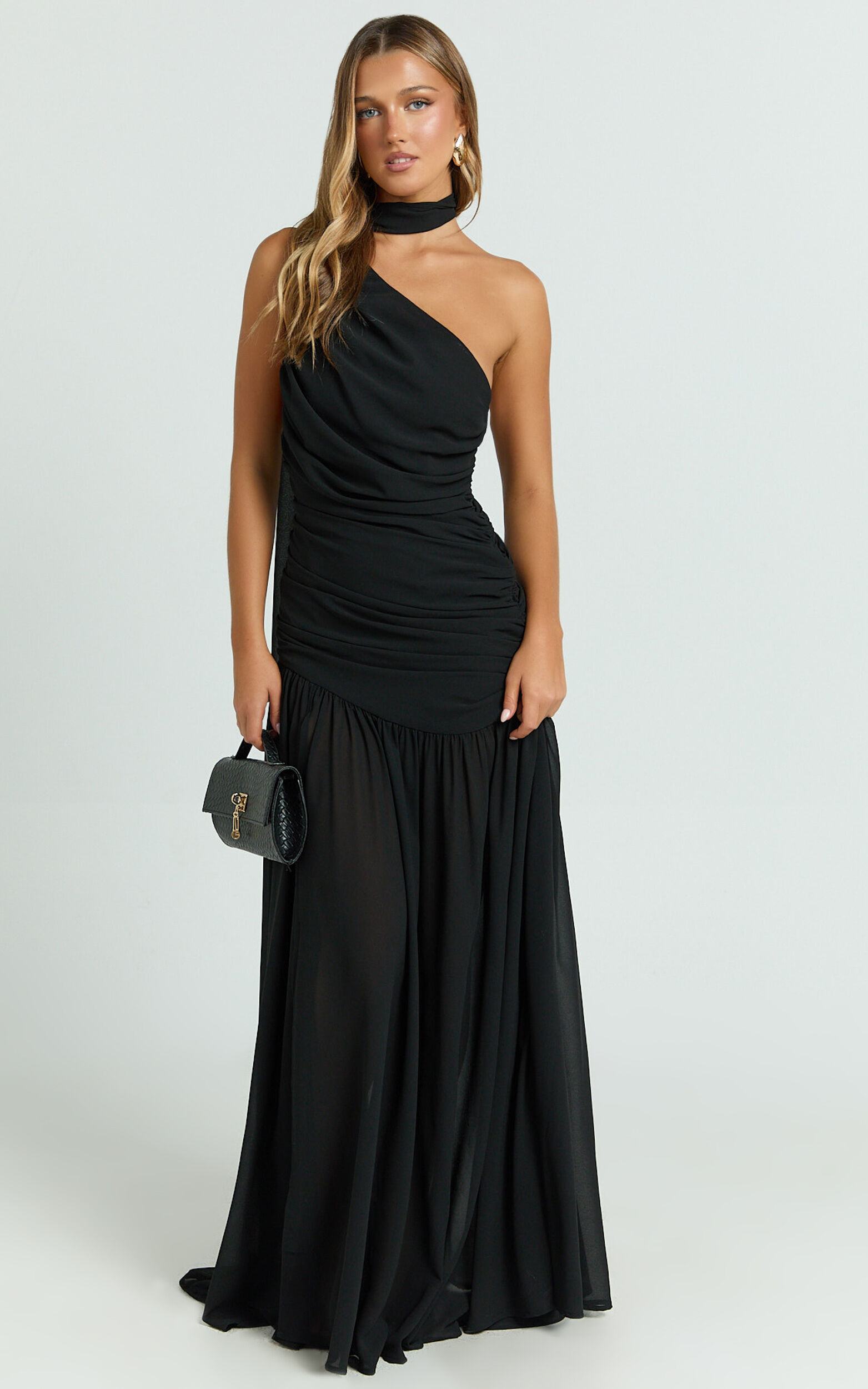Enya Maxi Dress - One Shoulder Neck Tie Ruched High Split Dress in Black