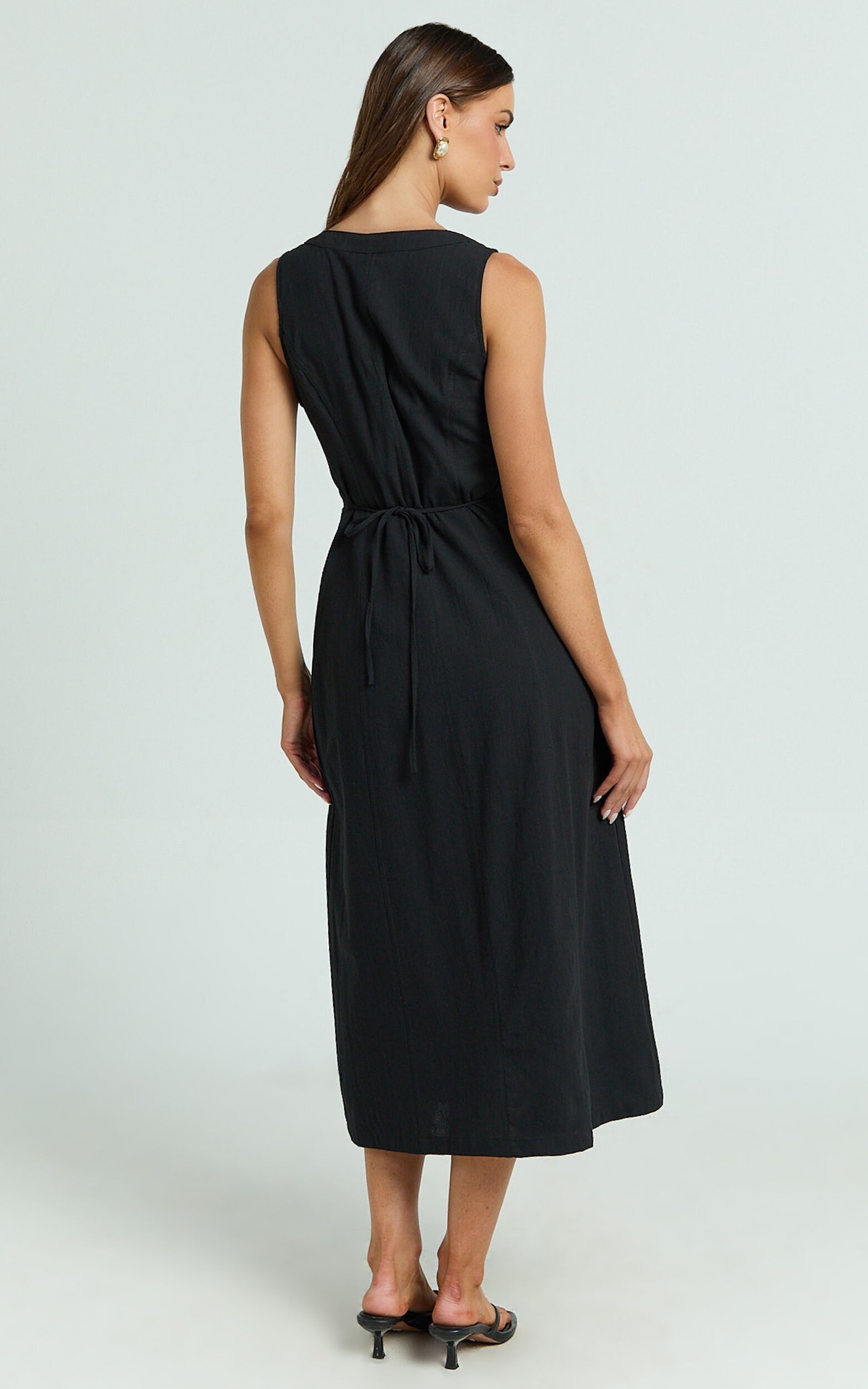 Juliet Midi Dress - Button Through V Neck Dress in Black
