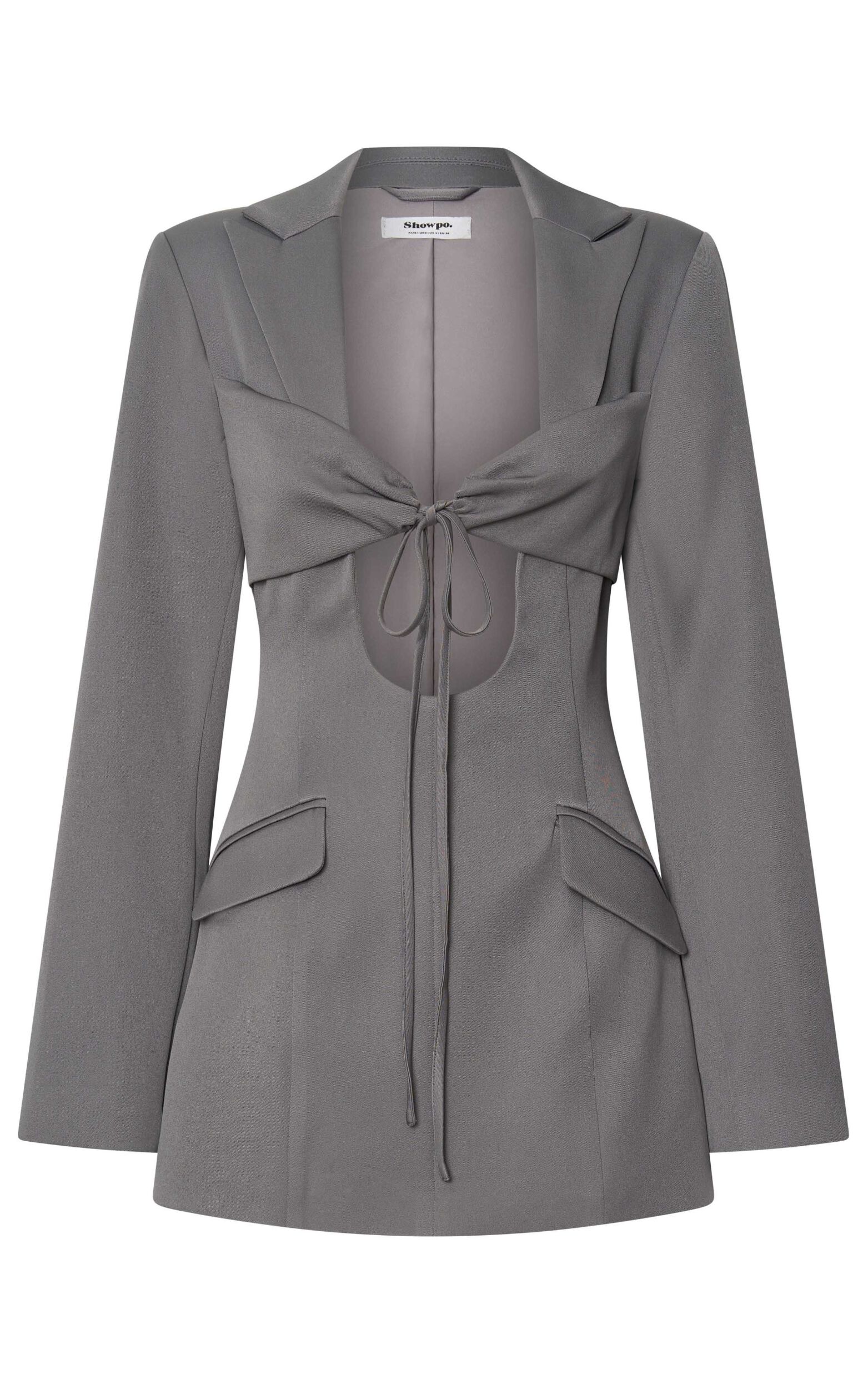Jamaica Mini Dress - Cut Out Ruched Tie Front Fitted Blazer Dress in Grey