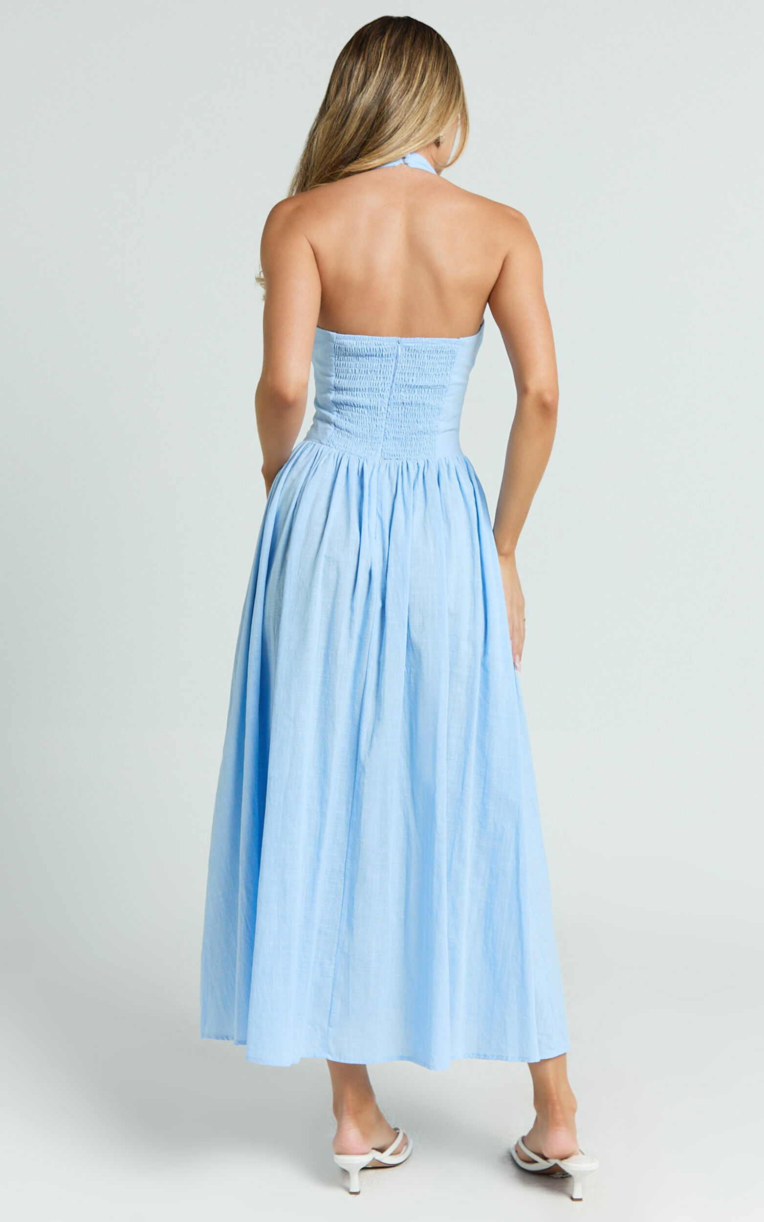 Athena Midi Dress - Halter Drop Waist Dress in Blue