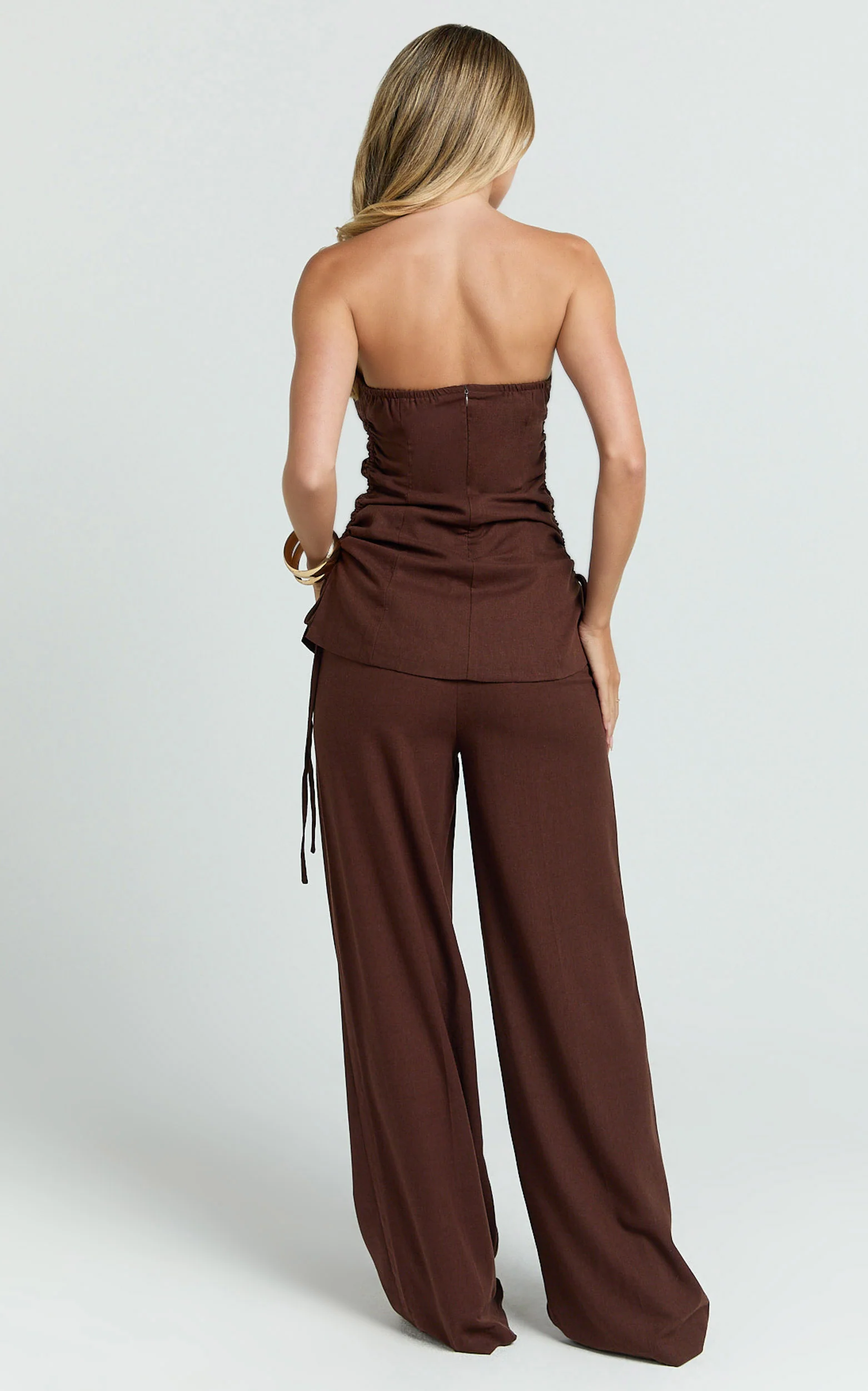 Cassia Two Piece Top and Pants Set - Strapless Top And Pants in Chocolate