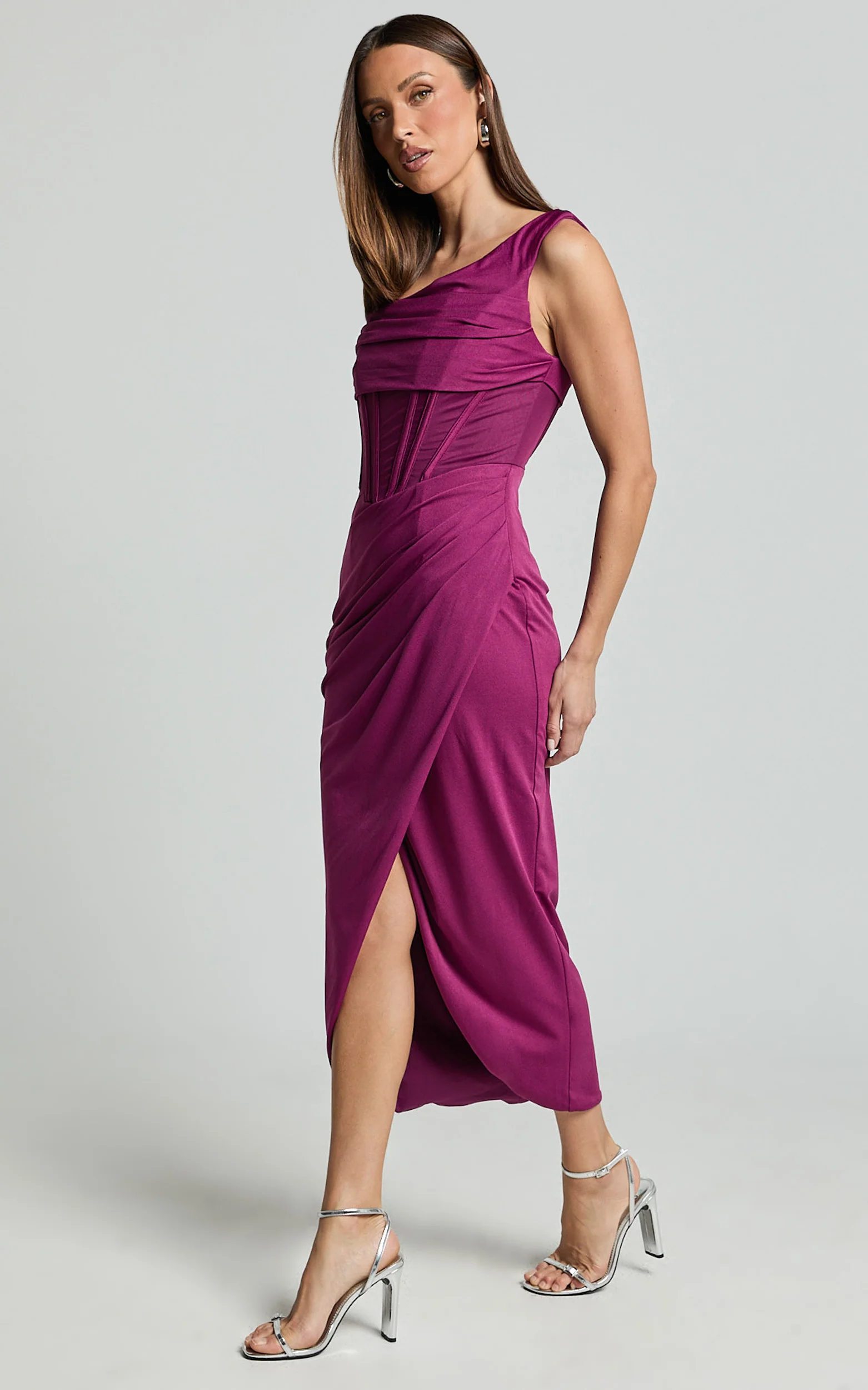 Aidia Midi Dress - Off Shoulder Draped Corset Dress in Plum
