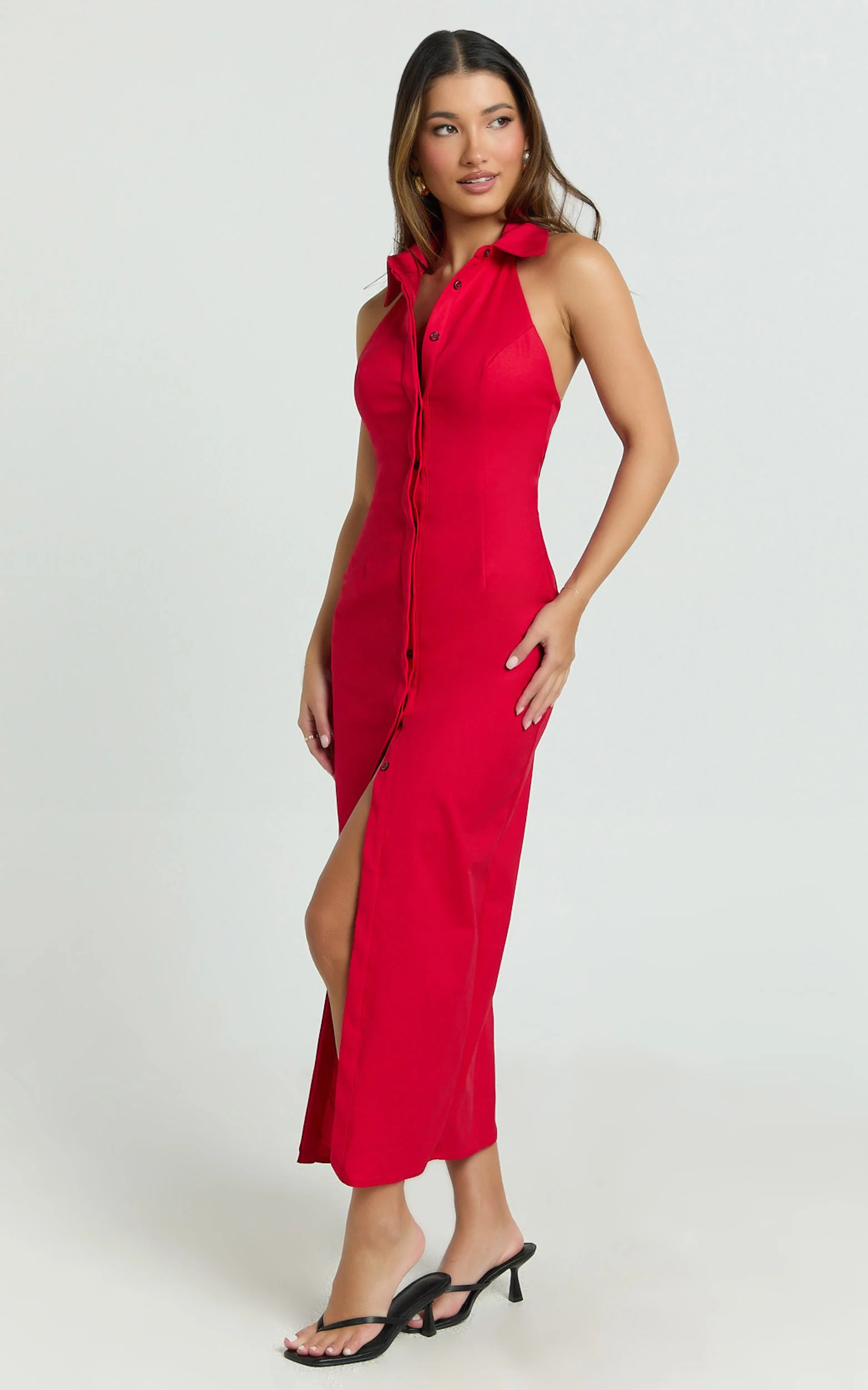 Lillibelle Midi Dress - Collared Button Down Bodycon Dress in Red