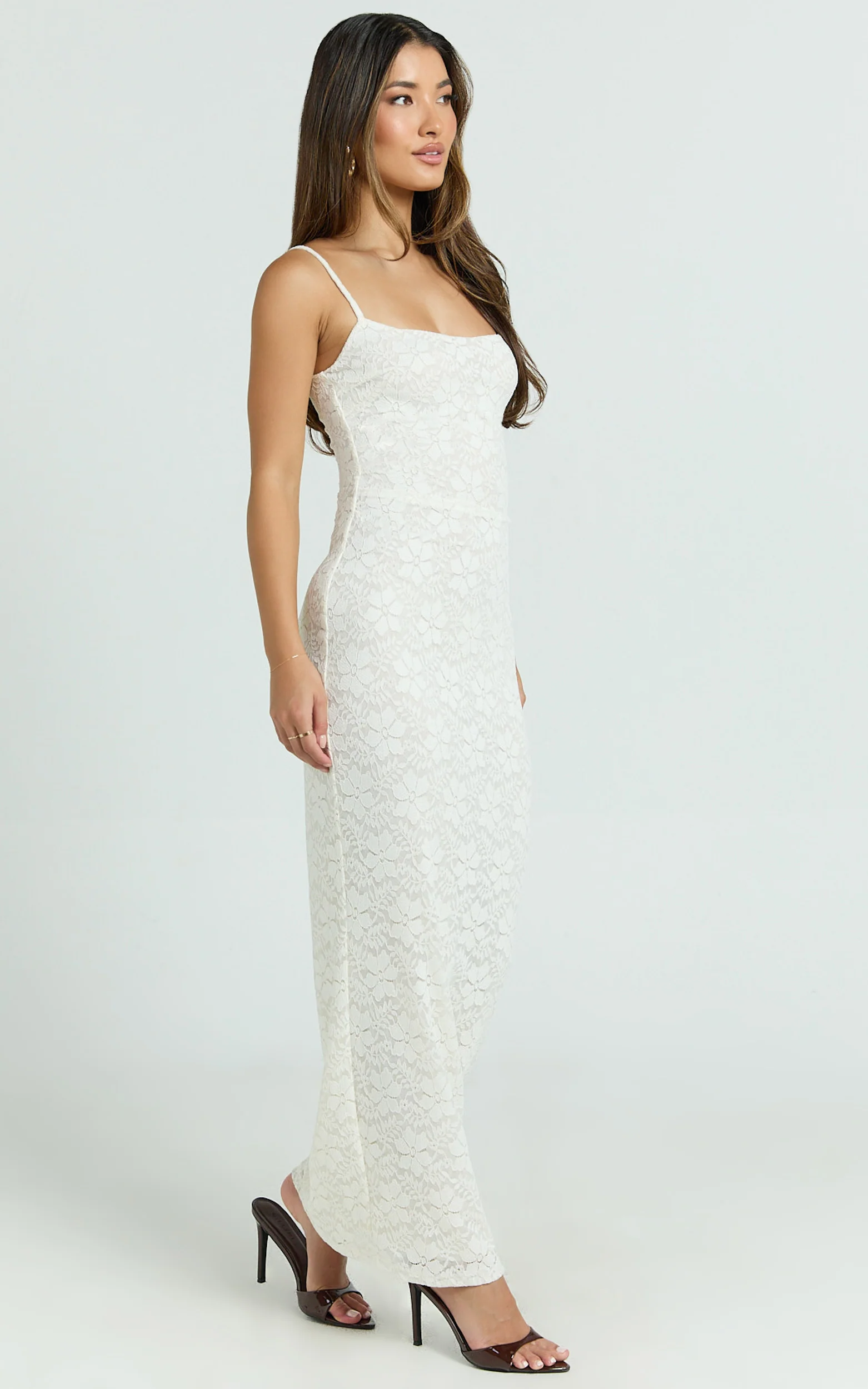 Carly Maxi Dress - Stretch Lace Scoop Neck Dress in Off White