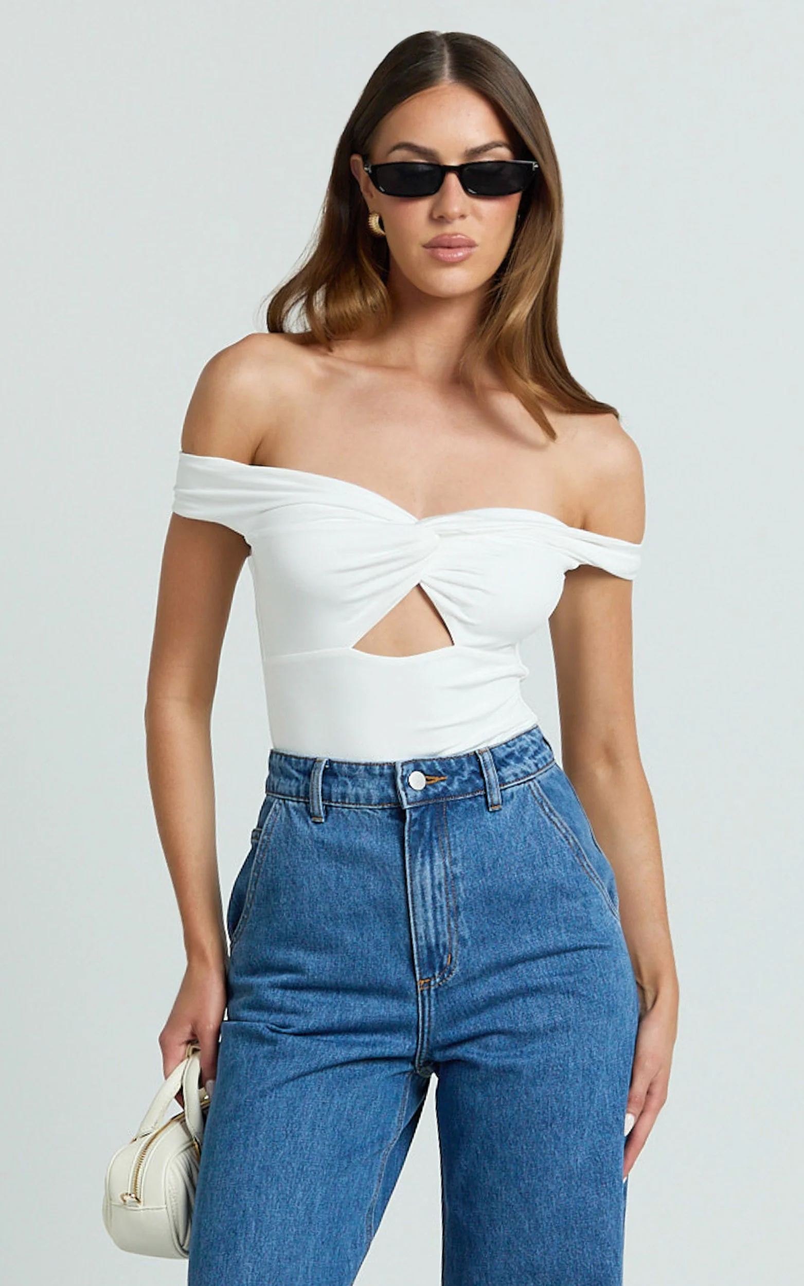 Helen Bodysuit - Twist Off Shoulder Cut Out Bodysuit in White