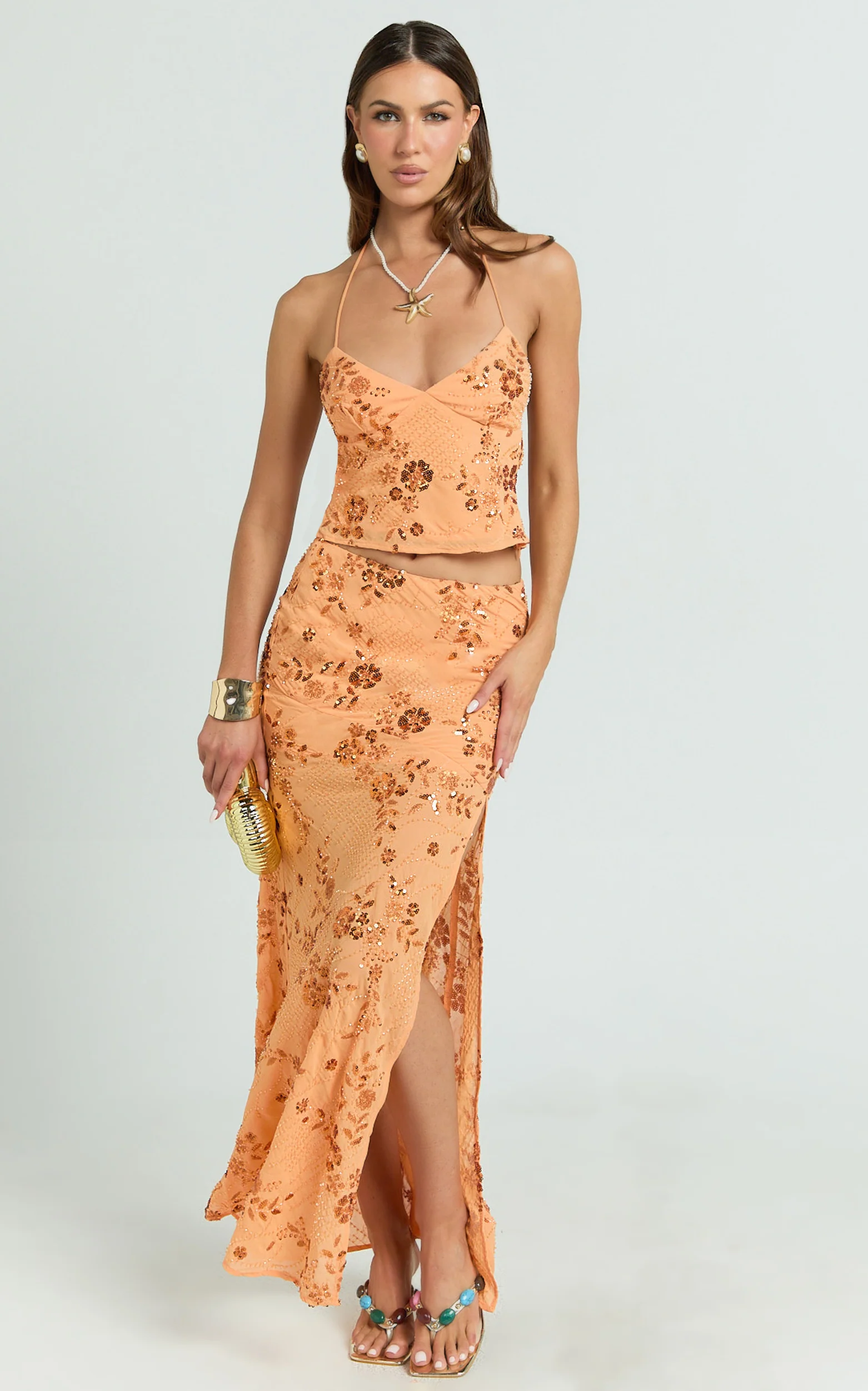 Petunia Top - Sequin Halter Neck Top in Orange