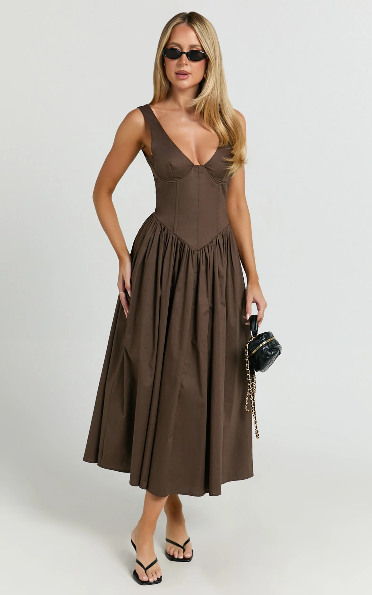 Beckett Midi Dress - Scoop Neck Drop V Waist Gathered Skirt Dress in Dark Chocolate
