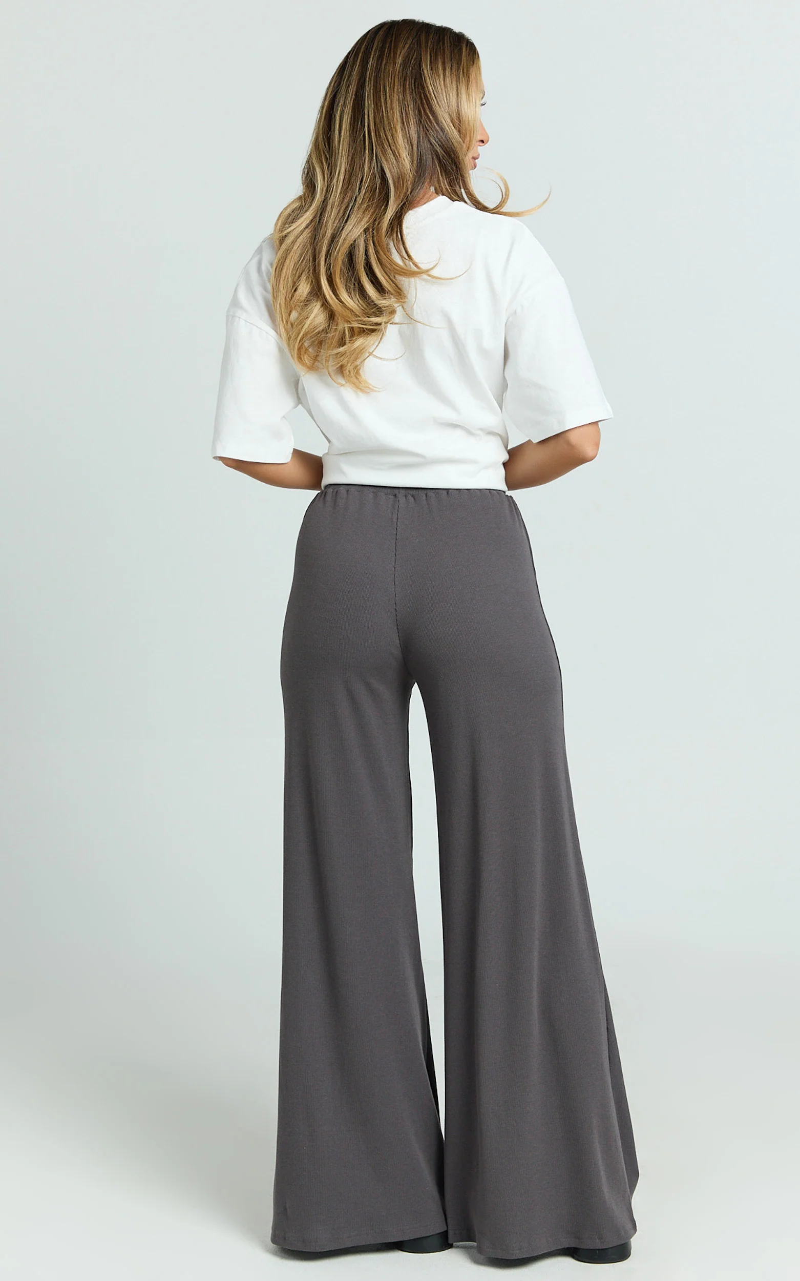 Amalthea Pants - High Waisted Jersey Rib Wide Leg Pants in Charcoal