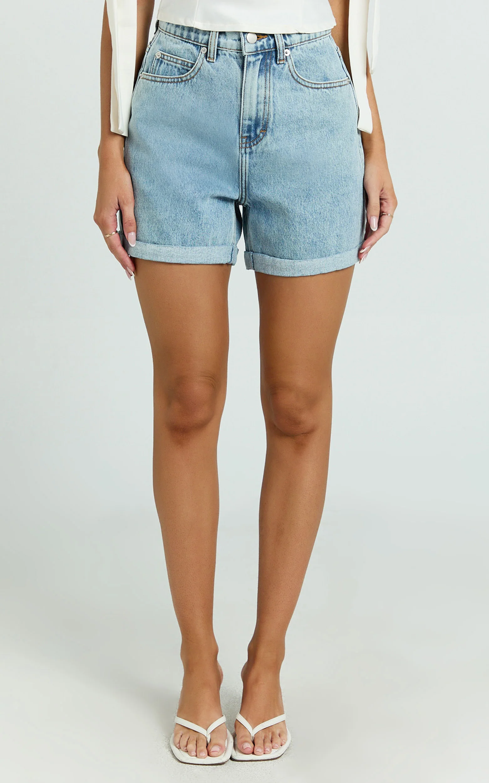 Cristiana Shorts - High Waisted Cuffed Denim in Light Blue Wash