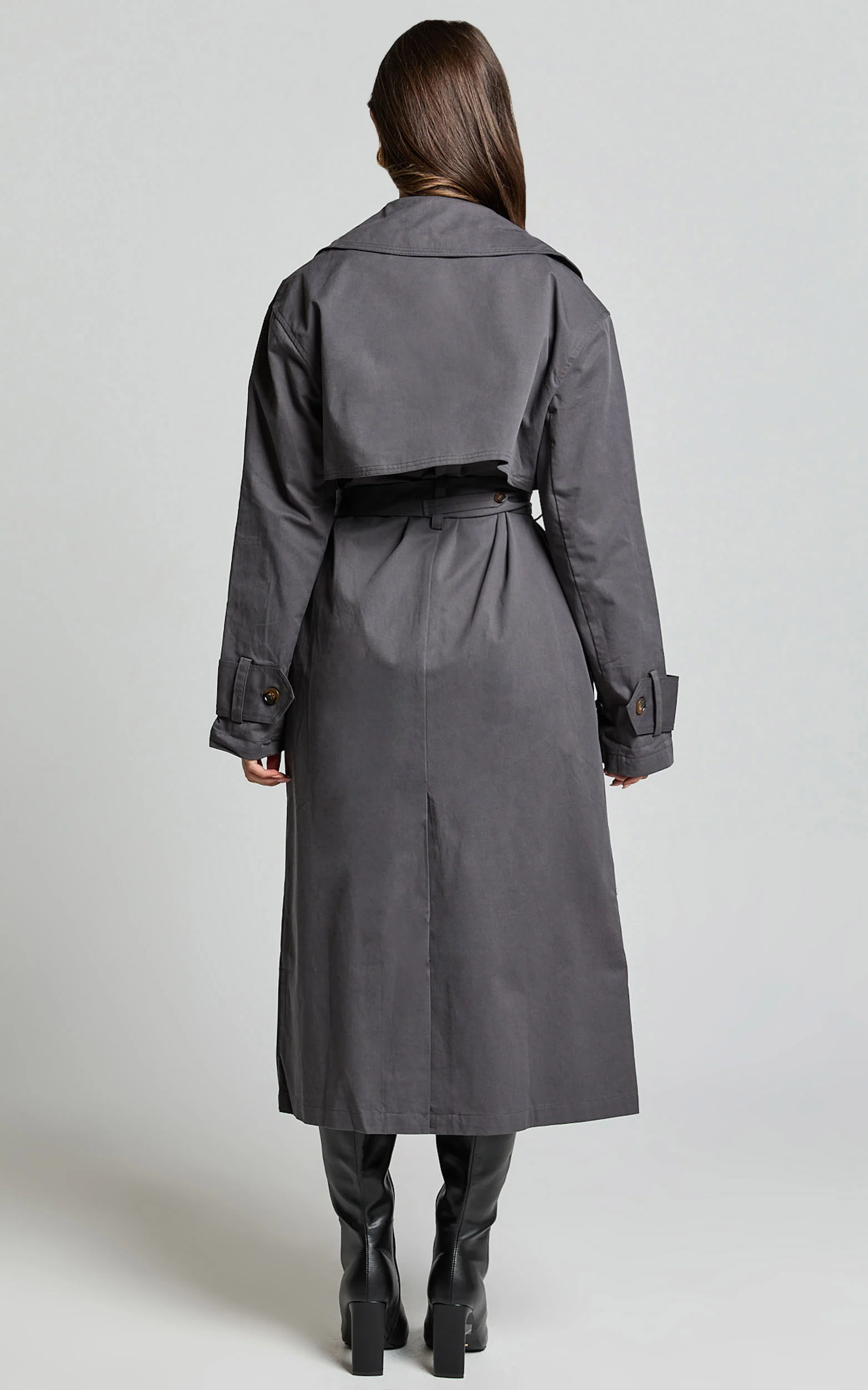 Avah Trench Coat - Double Breasted Tie Waist Coat in Charcoal