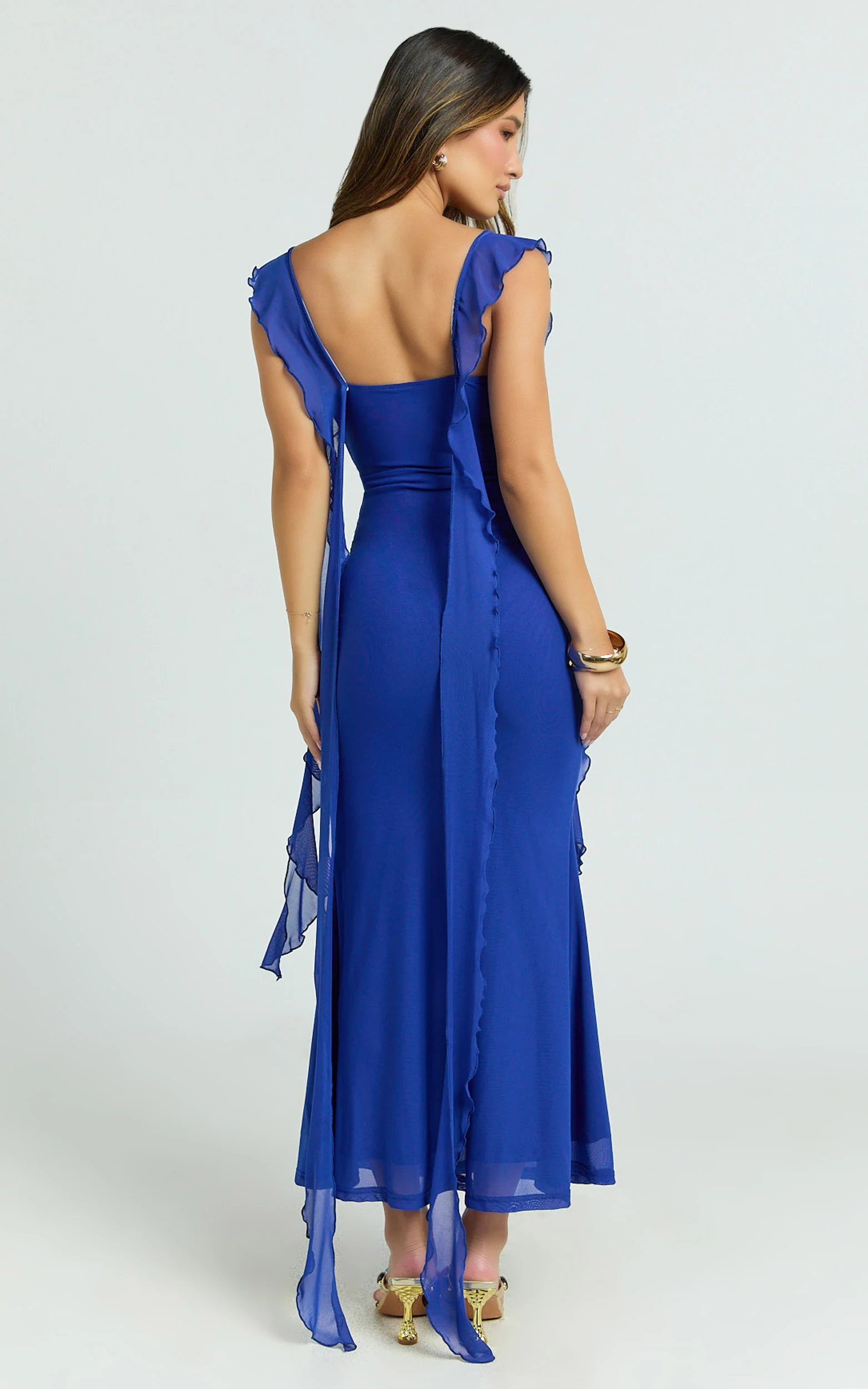 Rosha Midi Dress - Ruffle Strap Dress in Electric Blue