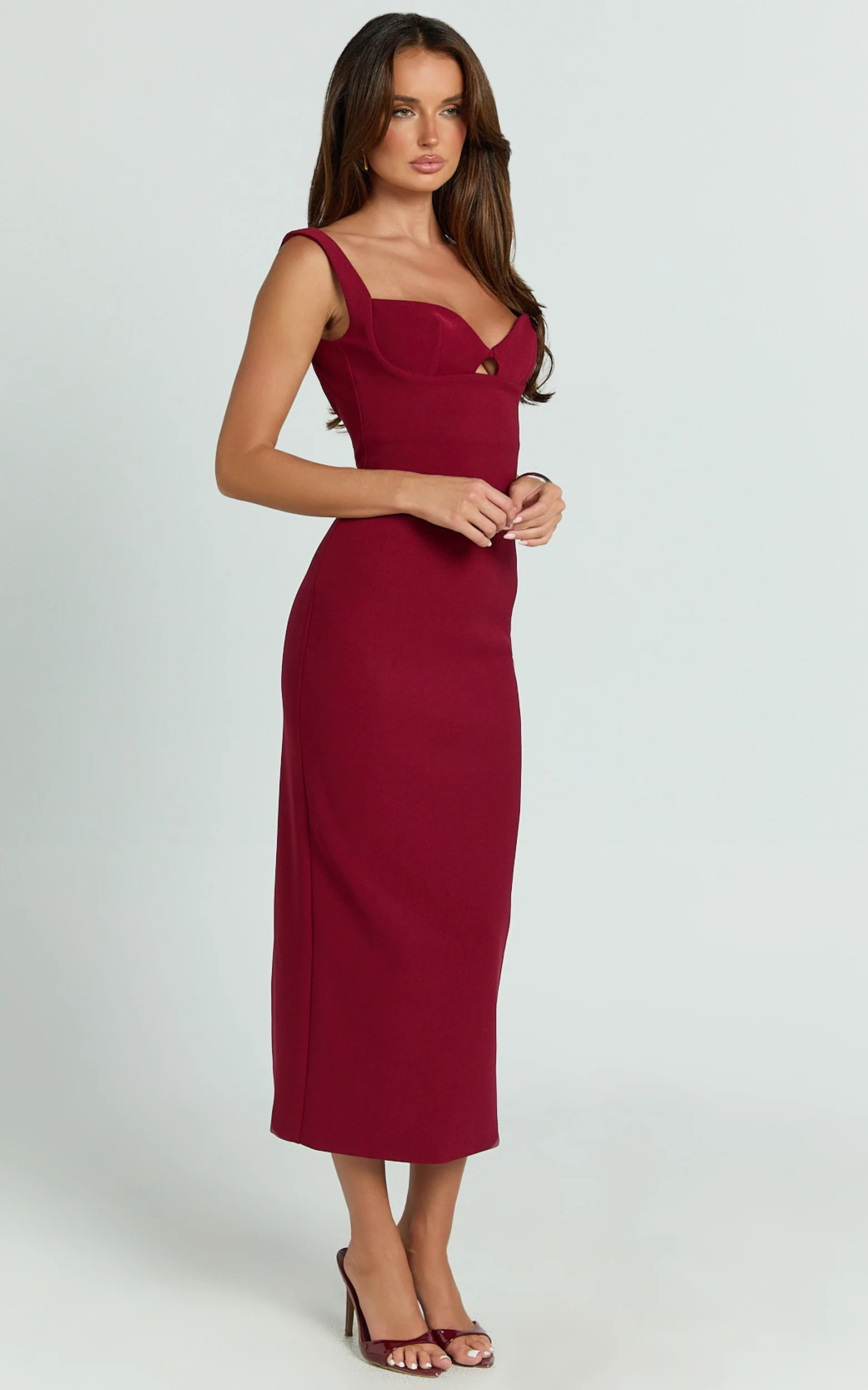 Isabelle Midi Dress - Cut Out Low Back Column Dress in Wine