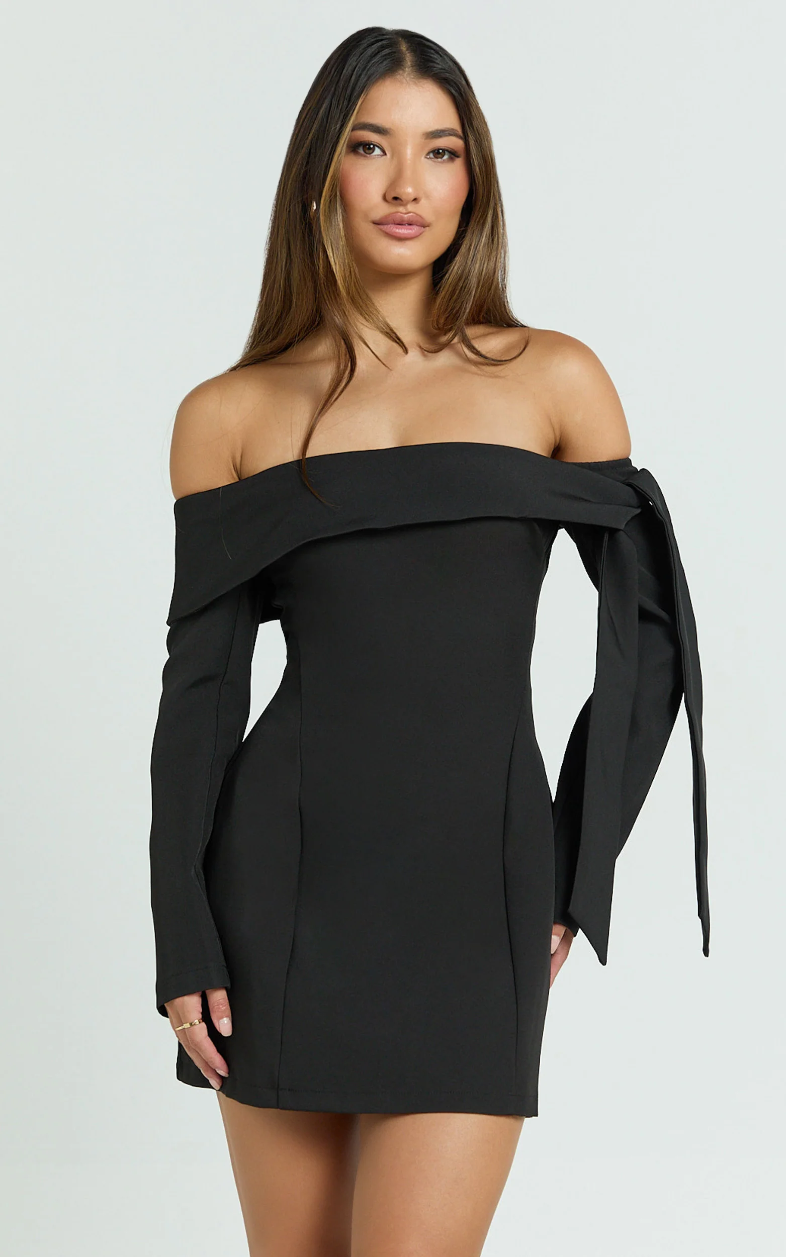 Eljay Mini Dress - Long Sleeve Off Shoulder Knot Detail Dress in Black