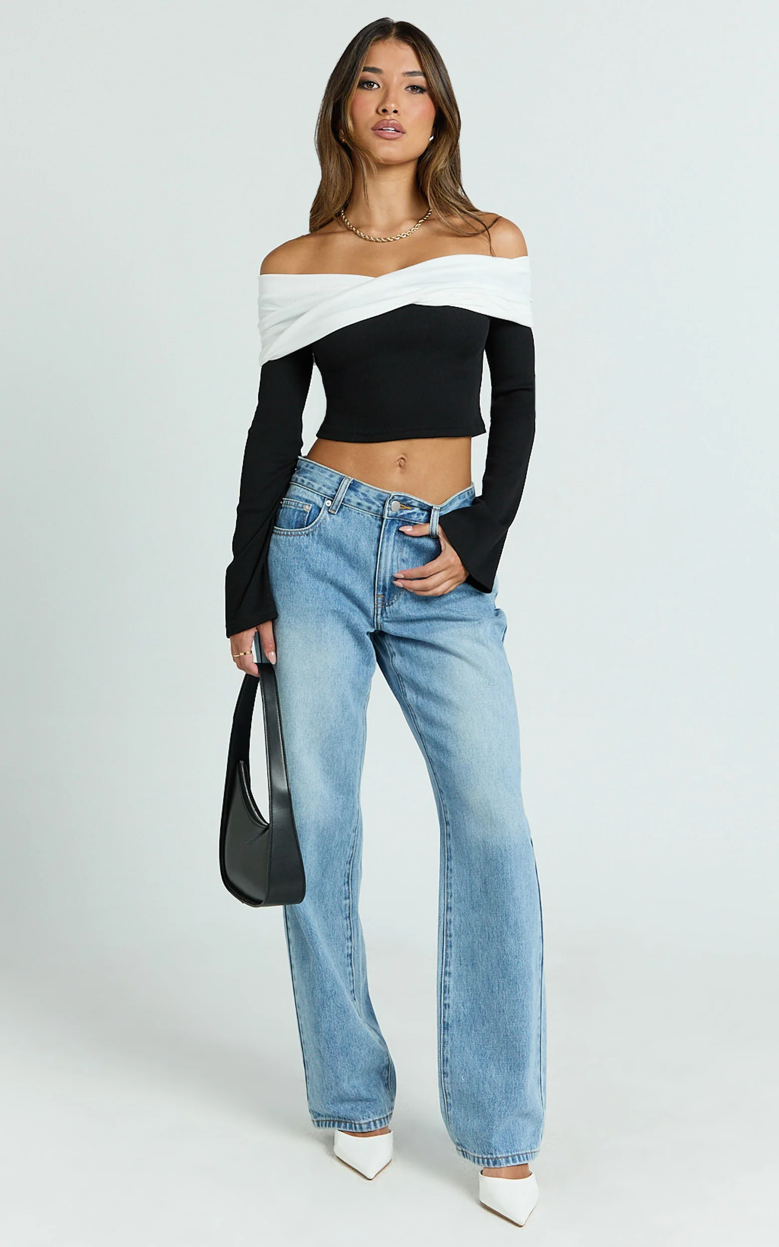 Sadie Top - Twist Off Shoulder Long Sleeve Rib Top in White/Black
