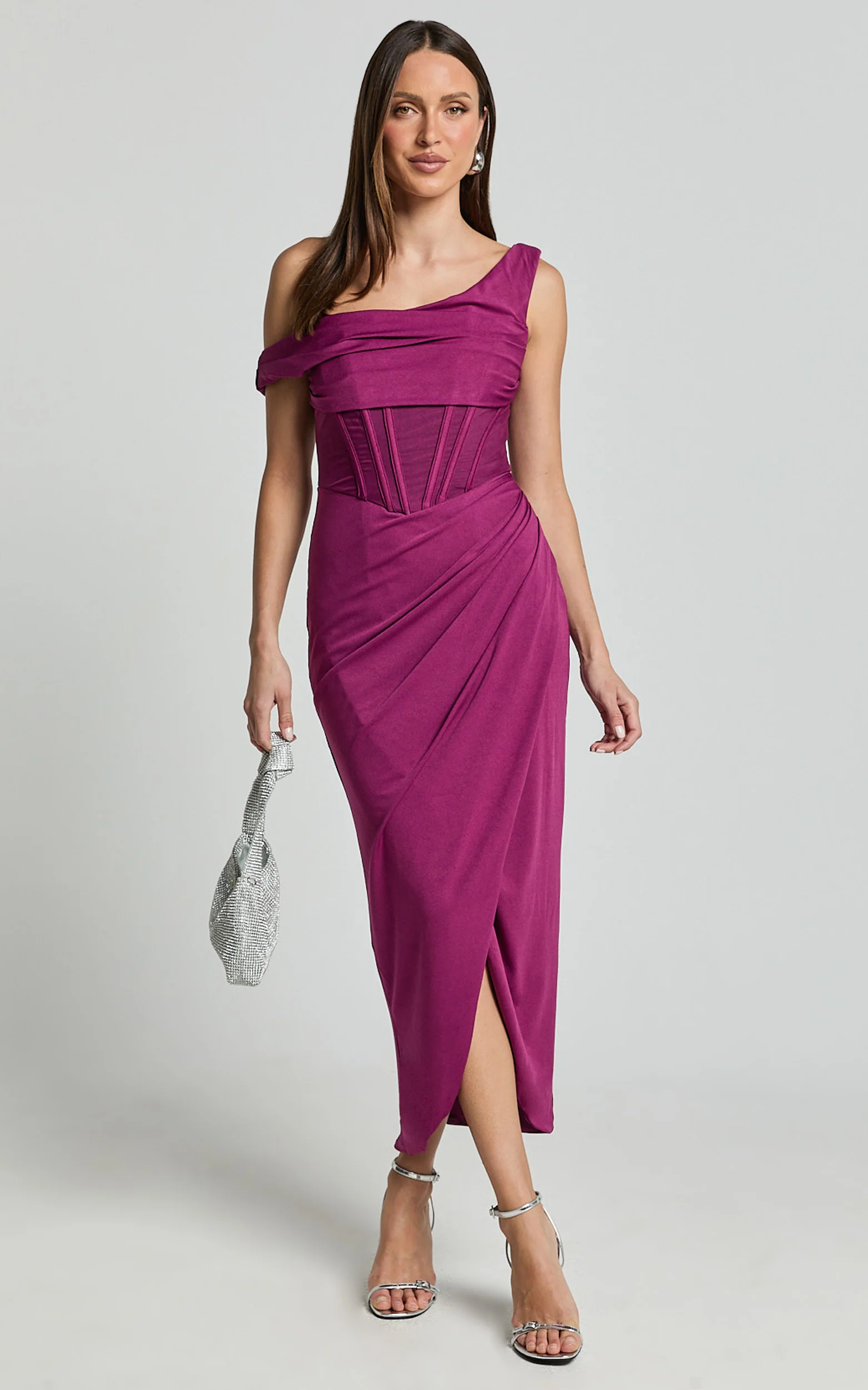 Aidia Midi Dress - Off Shoulder Draped Corset Dress in Plum