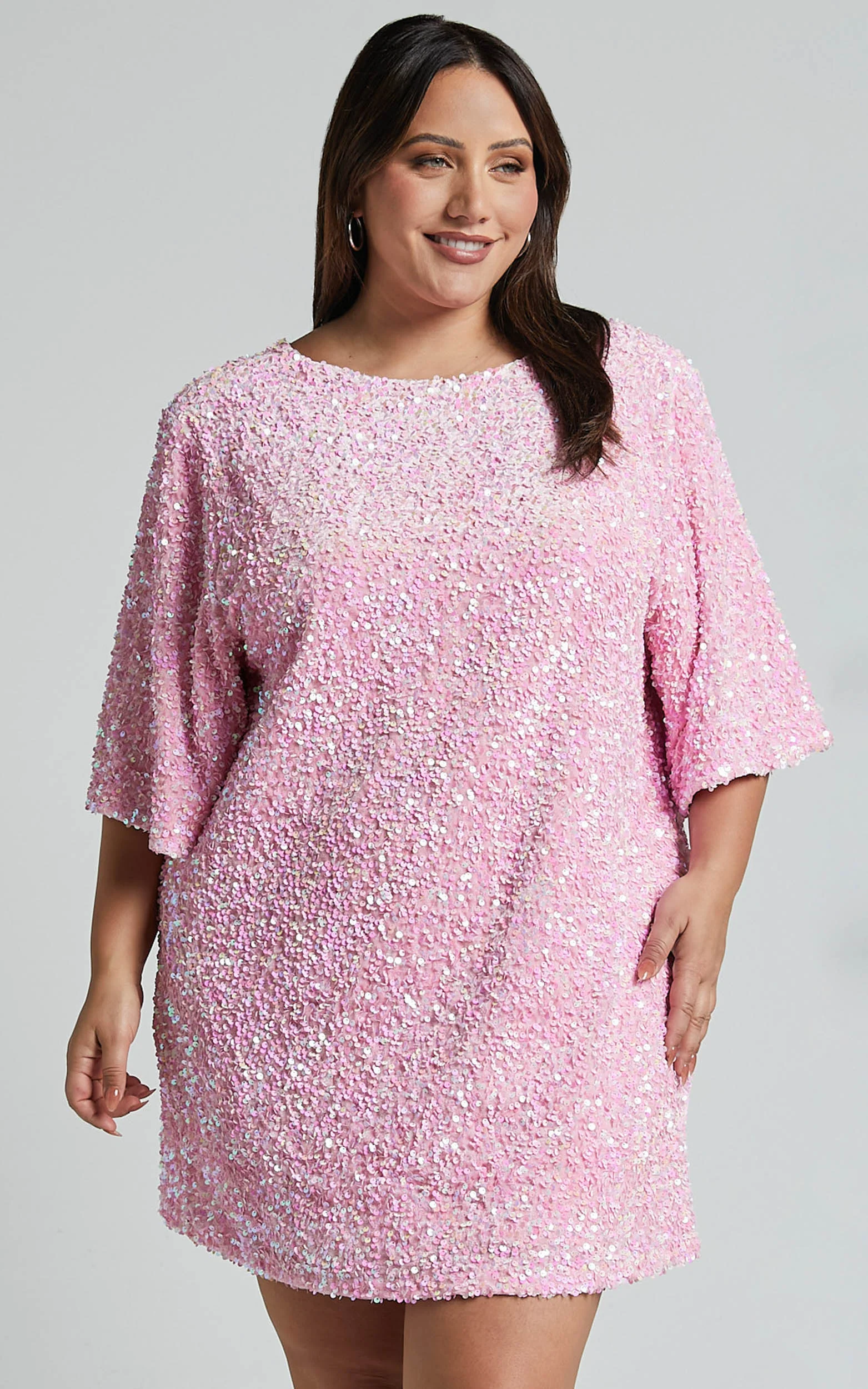 Valetta Mini Dress - Sequin low back shift dress in Pink Sequin