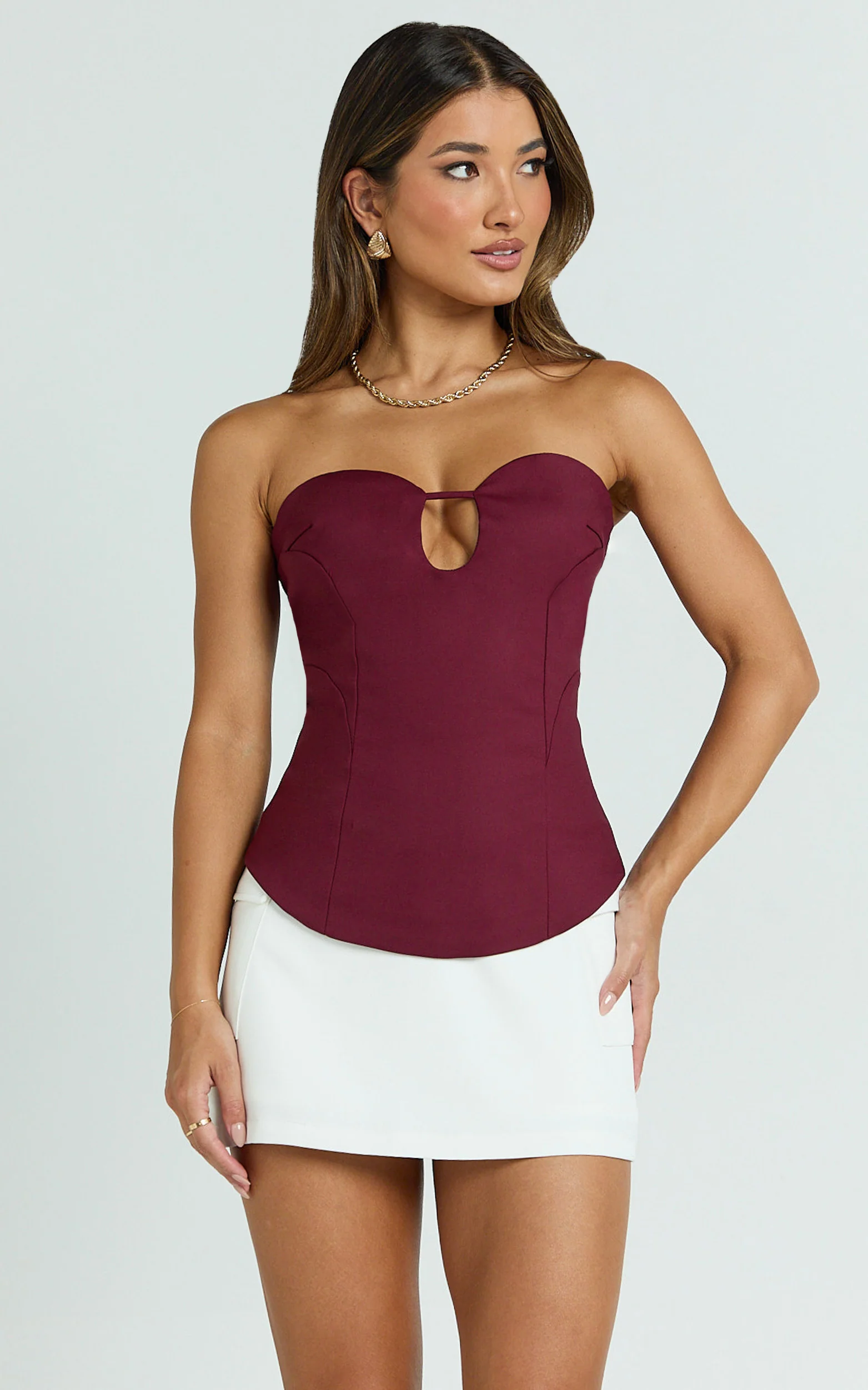 Carolyn Top - Strapless Cut Out Tailored Top in Wine