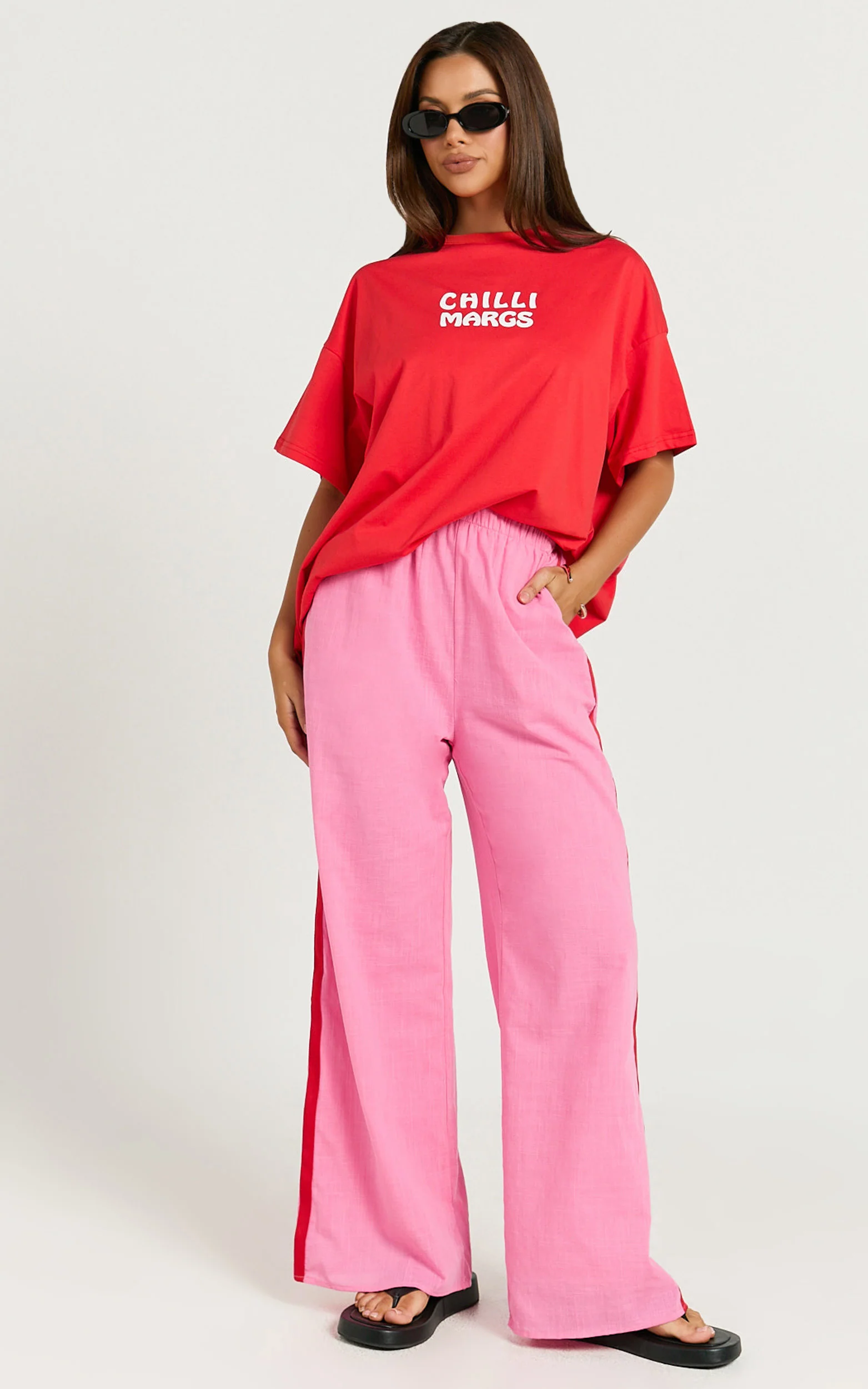 Editha Two Piece Set - Chilli Margs Oversized Tee and Stripe Pant Set in Red/Pink
