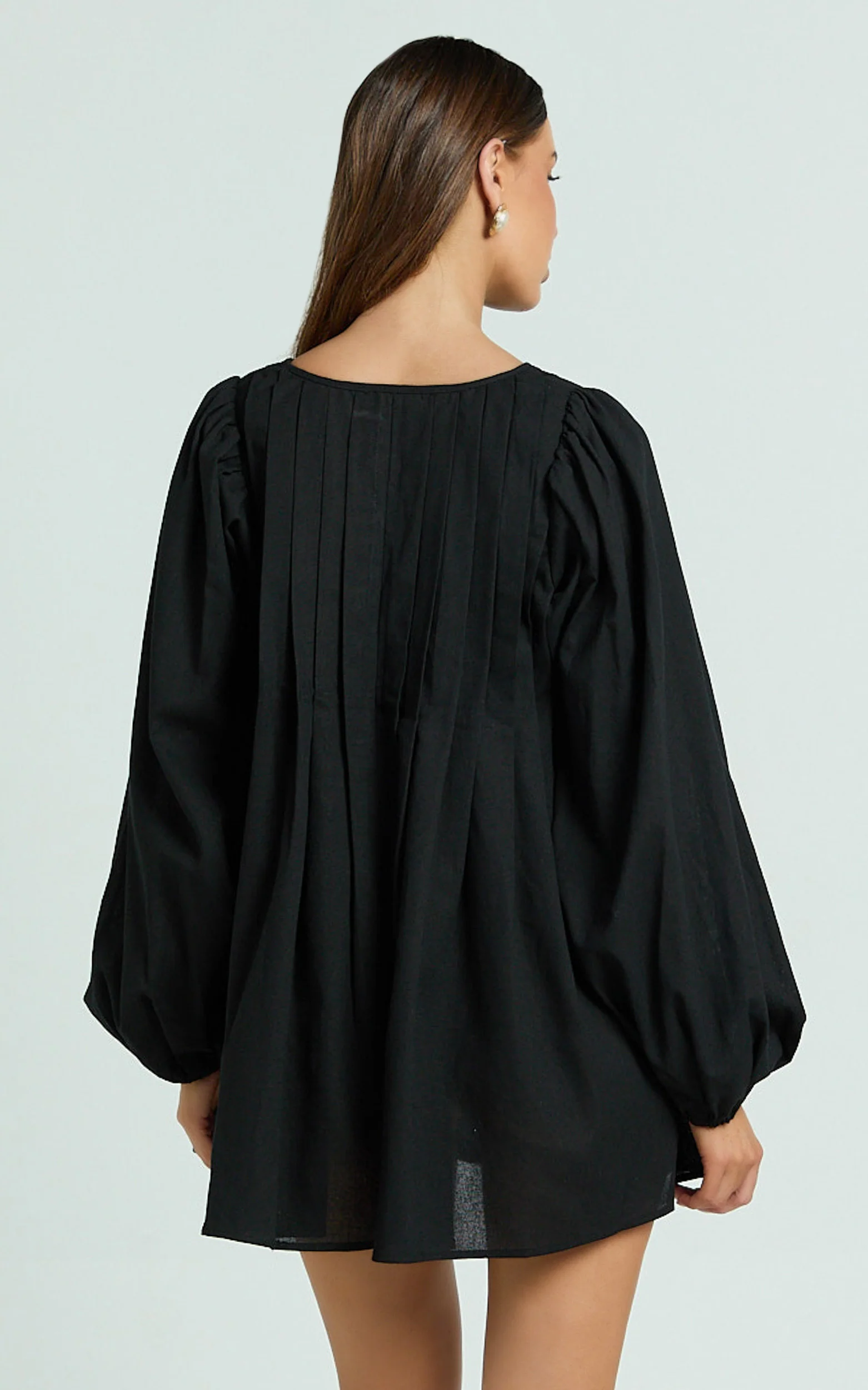 Suzette Mini Dress - High Neck Tie Front Long Sleeve Pleat Front Babydoll Dress in Black