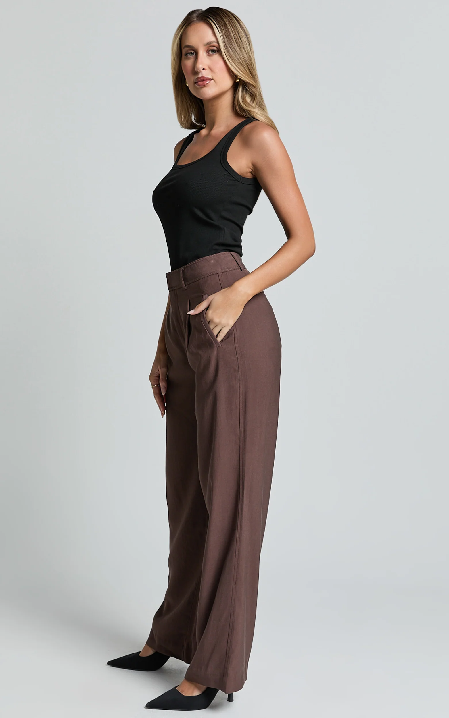 Augustus Pants - High Waisted Wide Leg Tailored Pants in Dark Oak