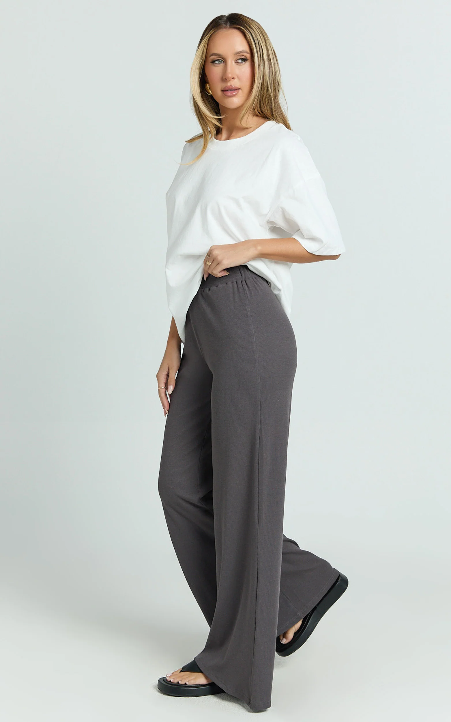 Amalthea Pants - High Waisted Jersey Rib Wide Leg Pants in Charcoal