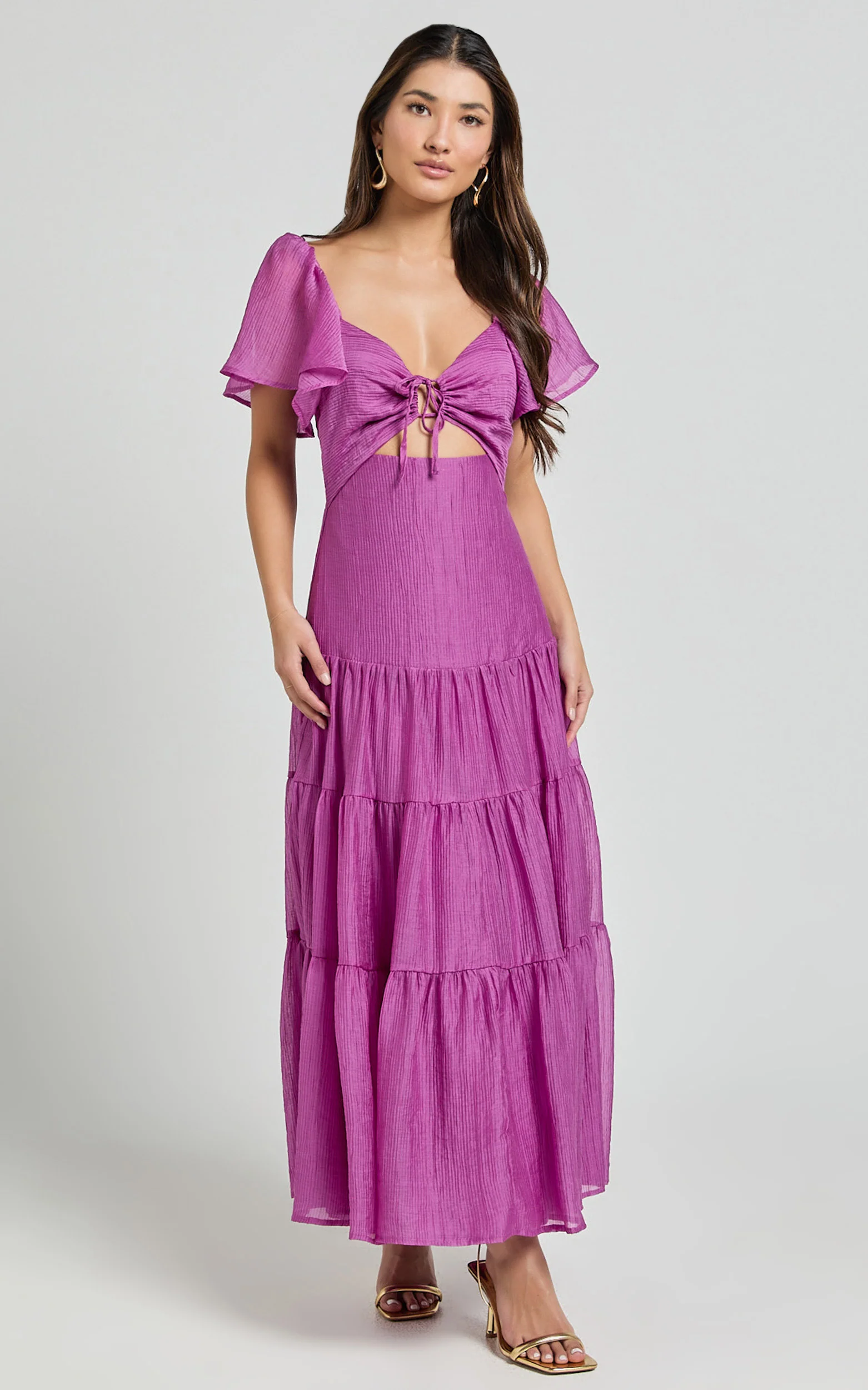 Patricia Midi Dress - Flutter Sleeve Tie Front Tiered Dress in Orchid