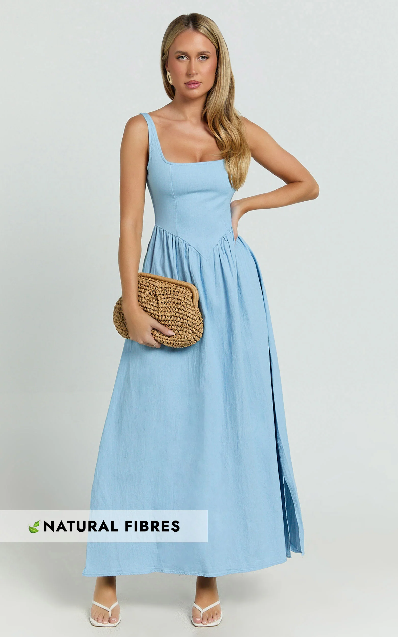 Rhaziya Midi Dress - Sleeveless Straight Neck Fit and Flare Dress in Blue