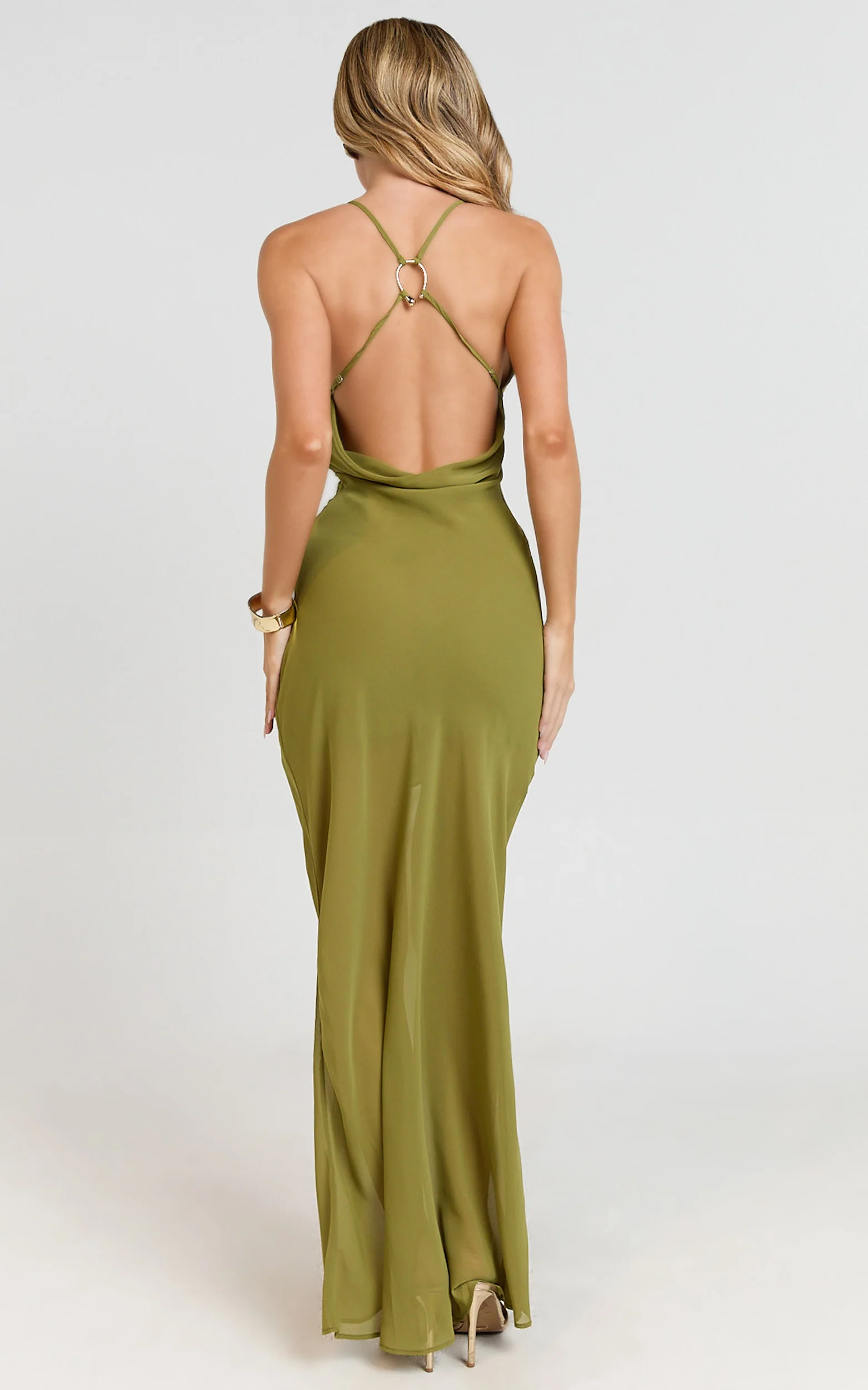Tamara Maxi Dress - Plunge Neck Ruched Open Back Dress in Sage