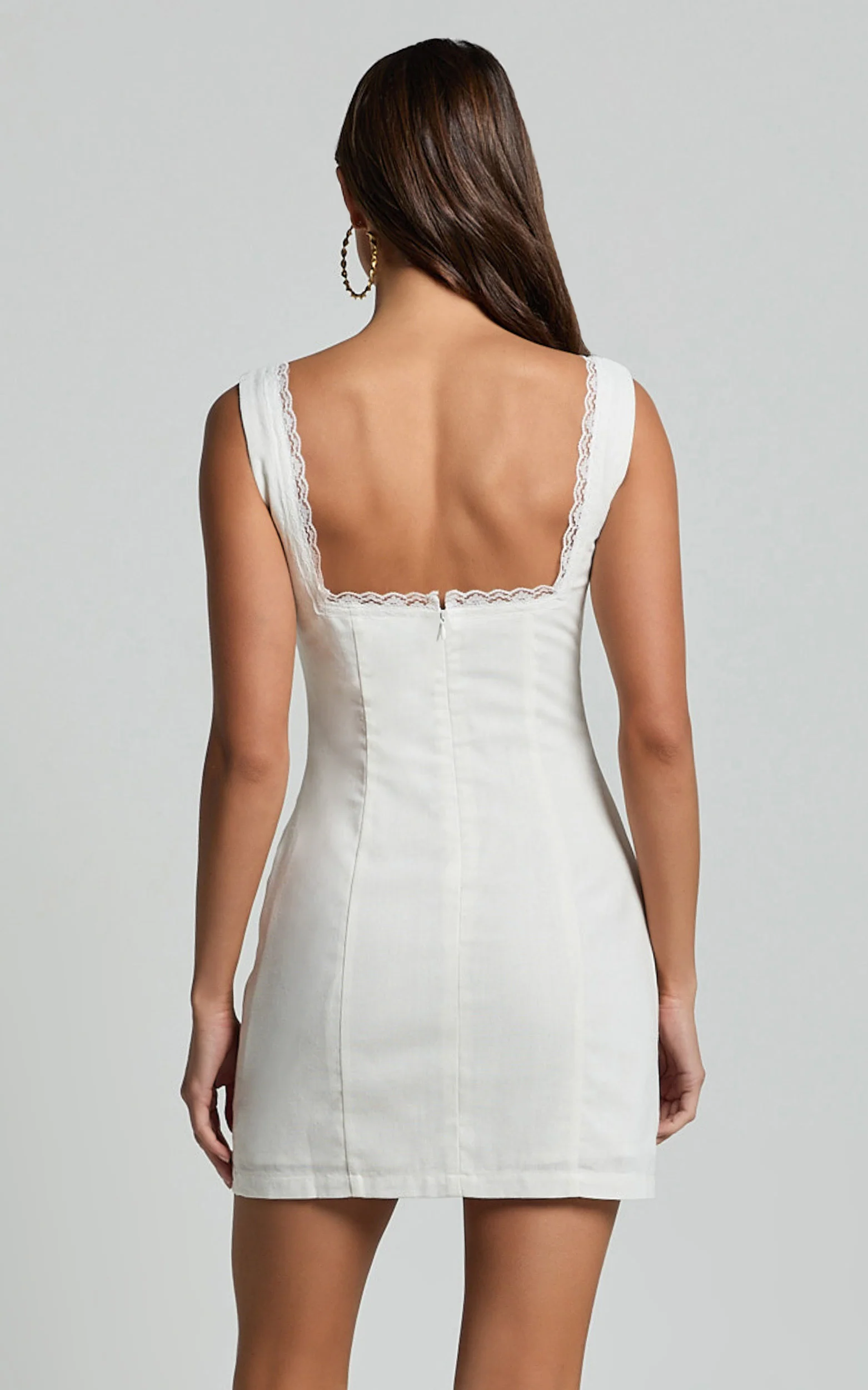 Flynn Mini Linen Blend Dress - Lace Trim Square Neck Tie Front Dress in Ivory