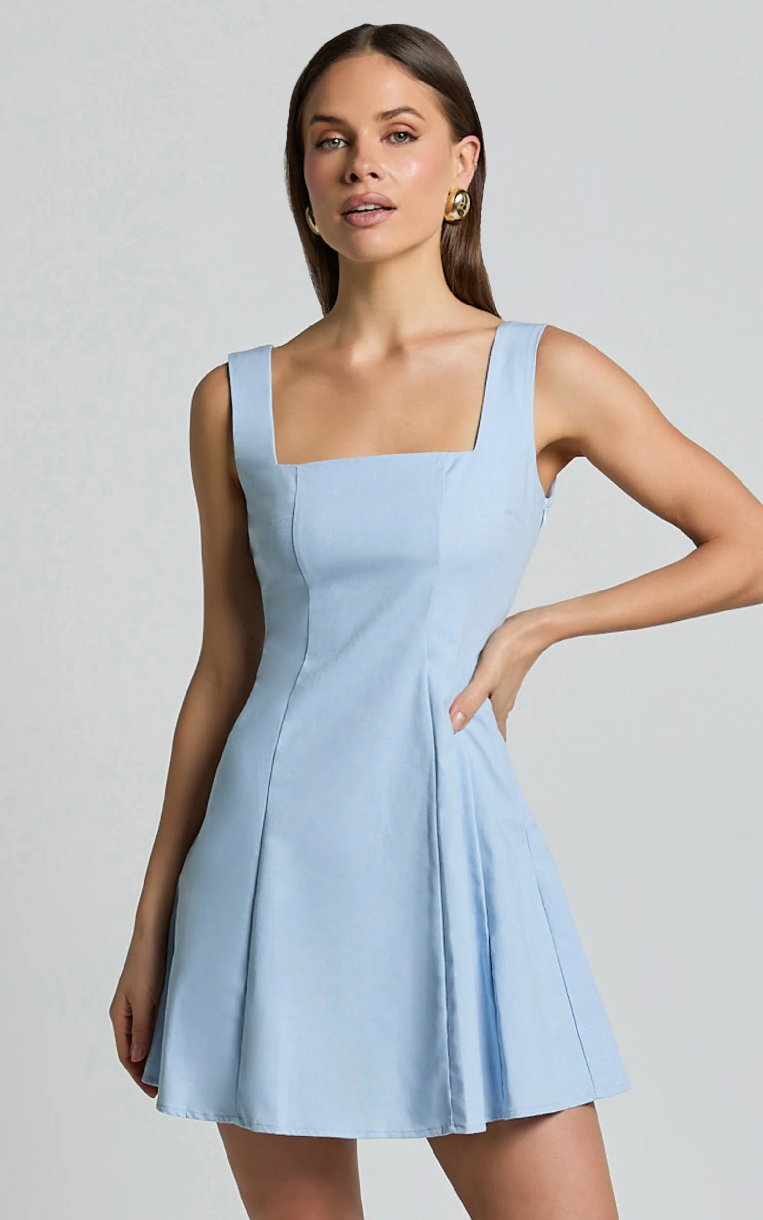 Adiana Mini Dress - Linen Square Neck Shirred Back A Line Dress in Pale Blue