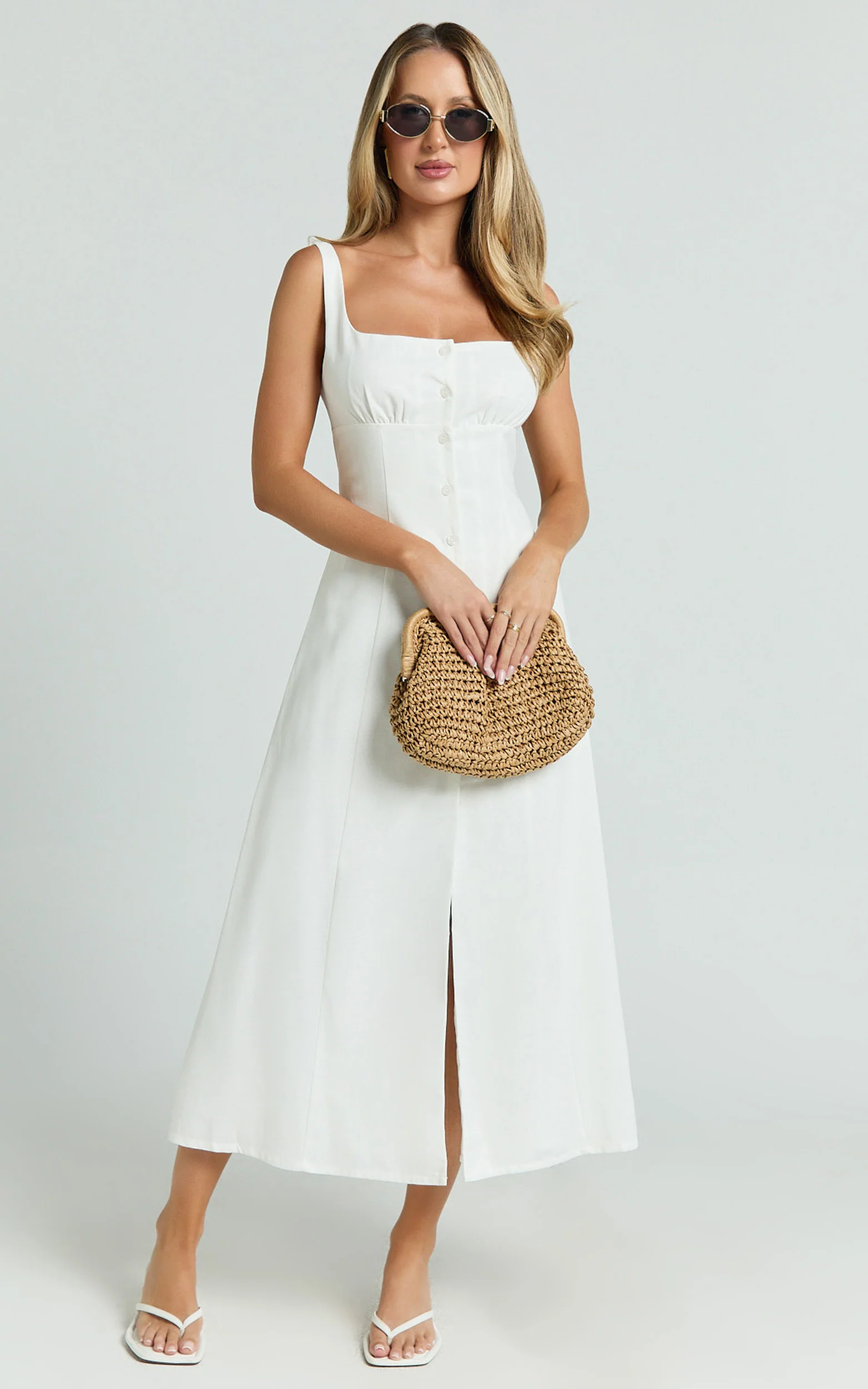 Cameron Midi Dress - Button Front Tie Back Dress in White