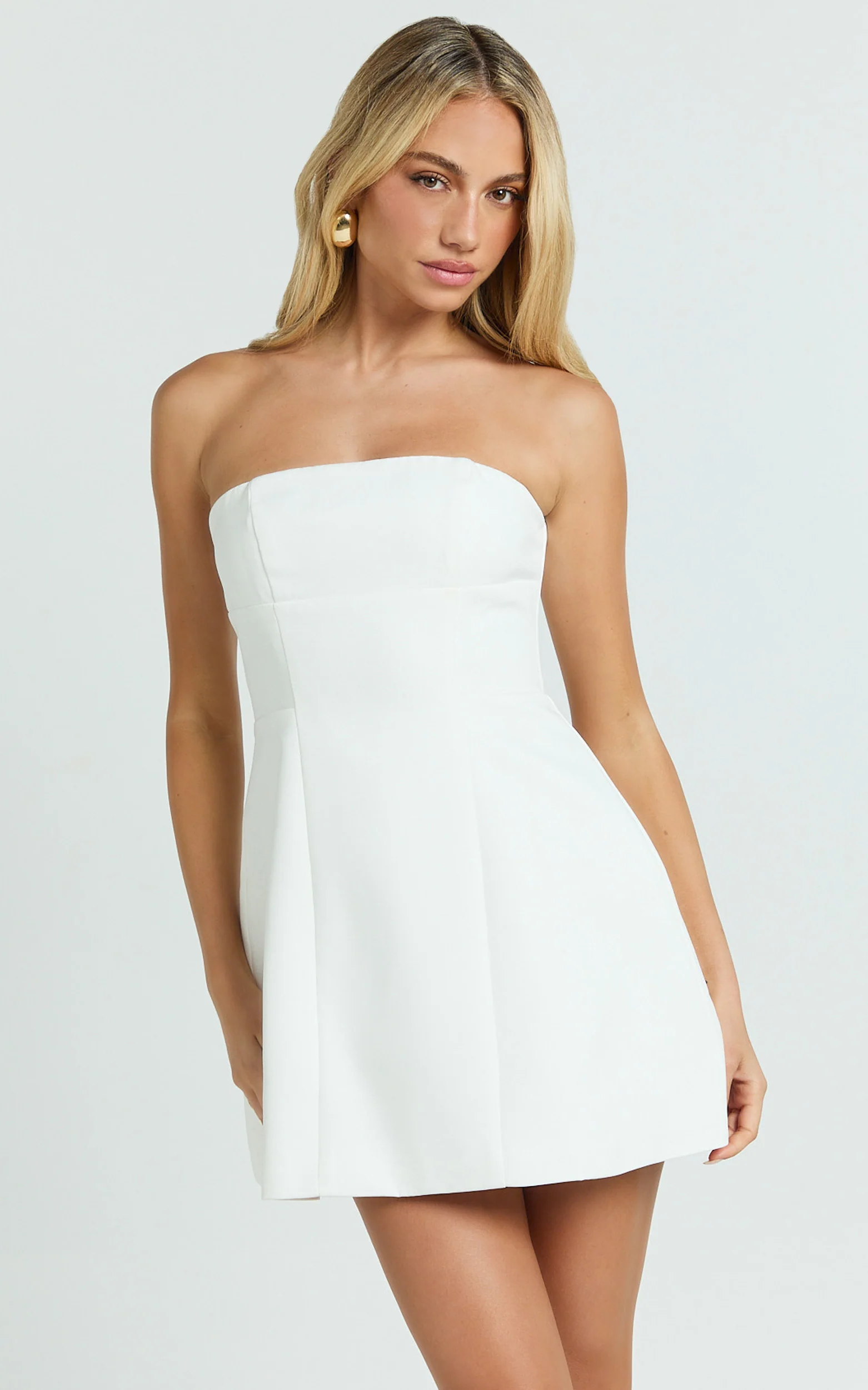 Catharine Mini Dress - Strapless A Line Dress in White