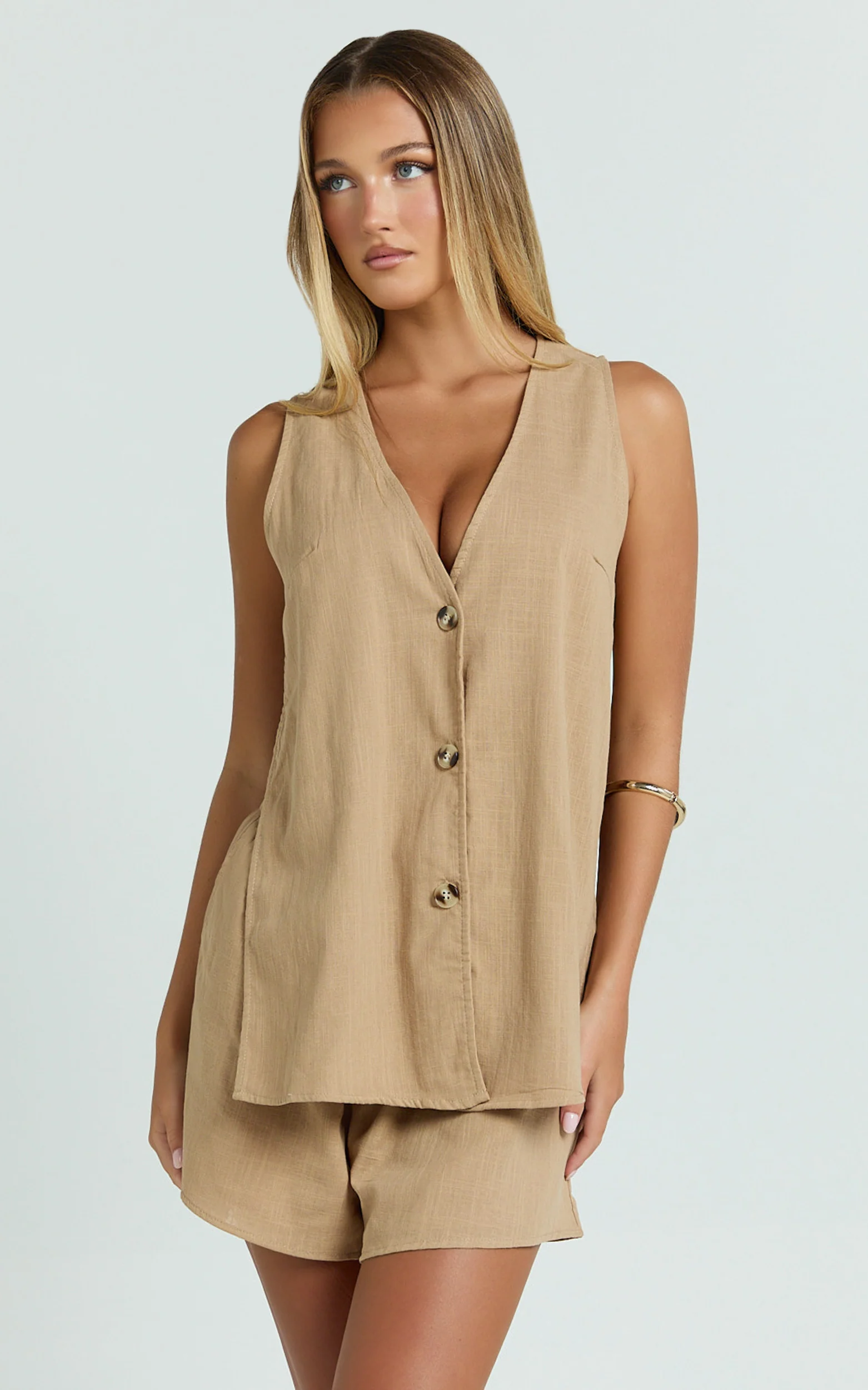 Devon Two Piece Set - Open Side Detail Top & Short Linen Set in Biscuit