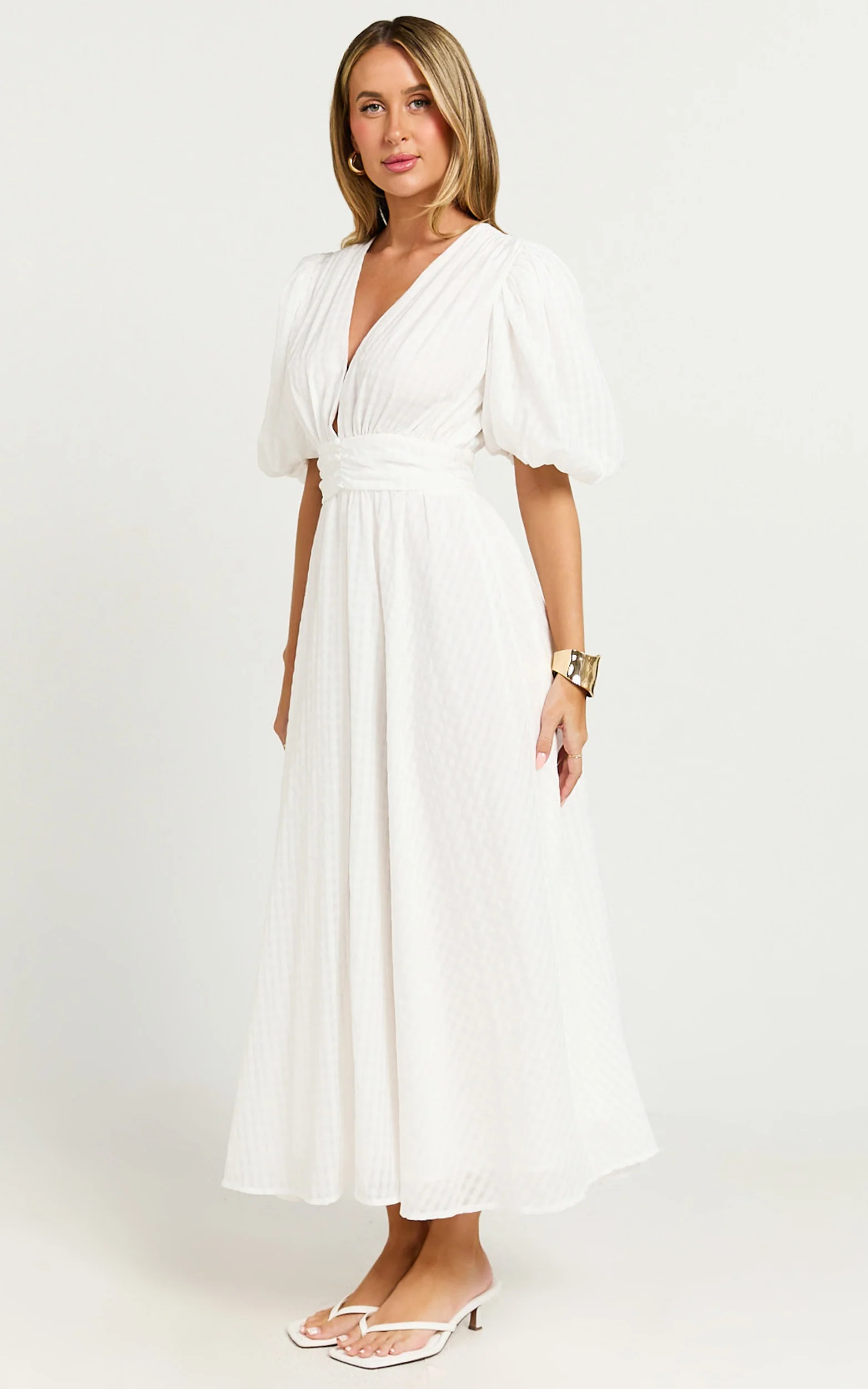 Xandy Midi Dress - Textured Puff Sleeve Plunge Dress in White