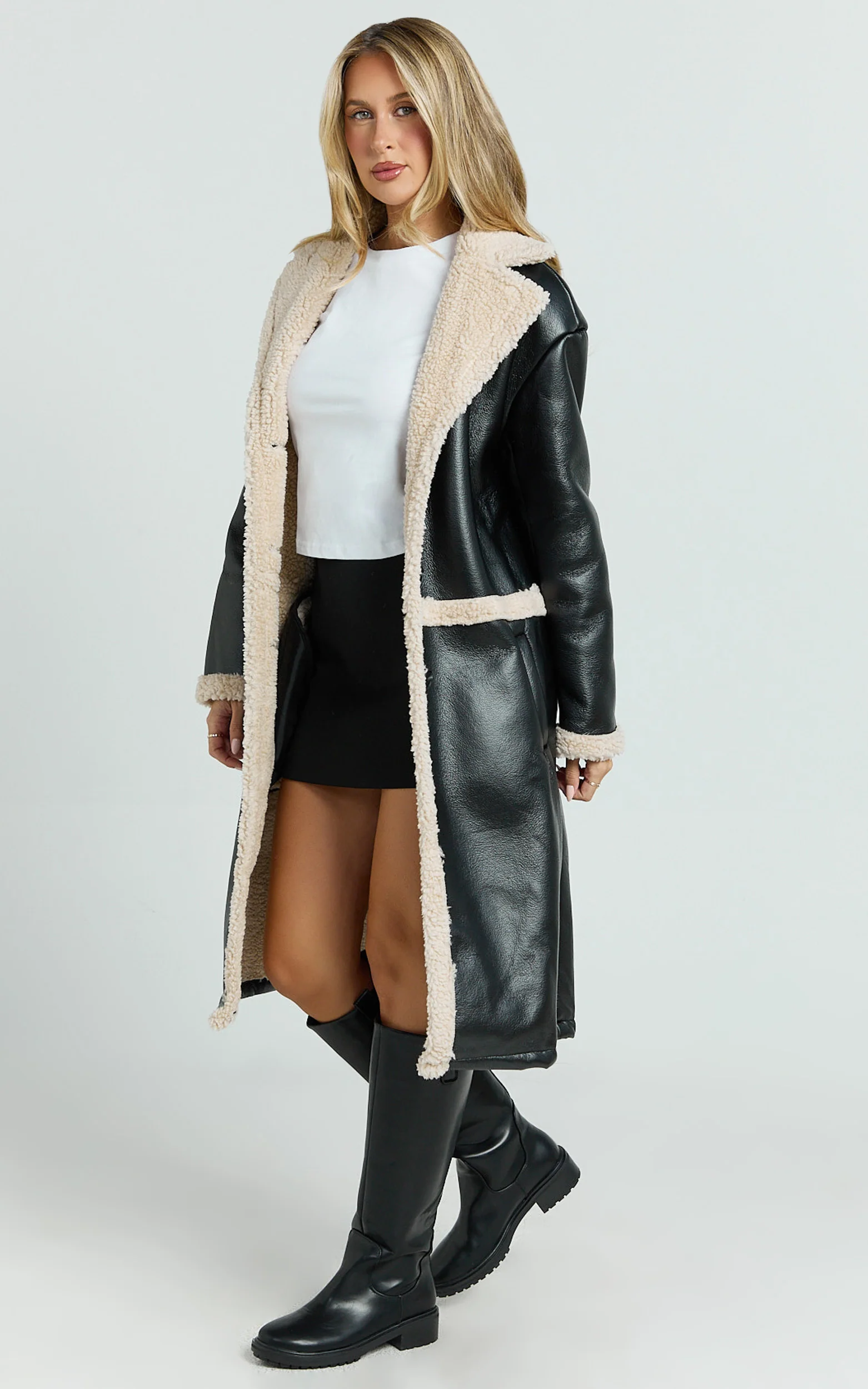 Jan Coat - Longline Faux Shearling Aviator Coat in Black