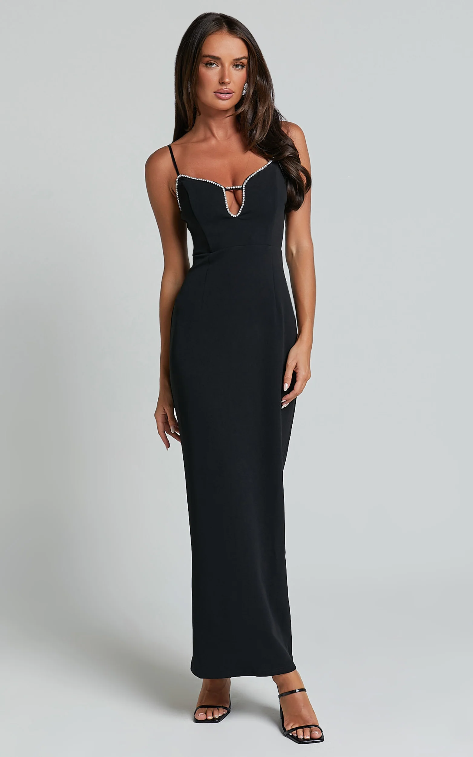 Felicity Midi Dress - Plunge Diamante Detail Dress in Black