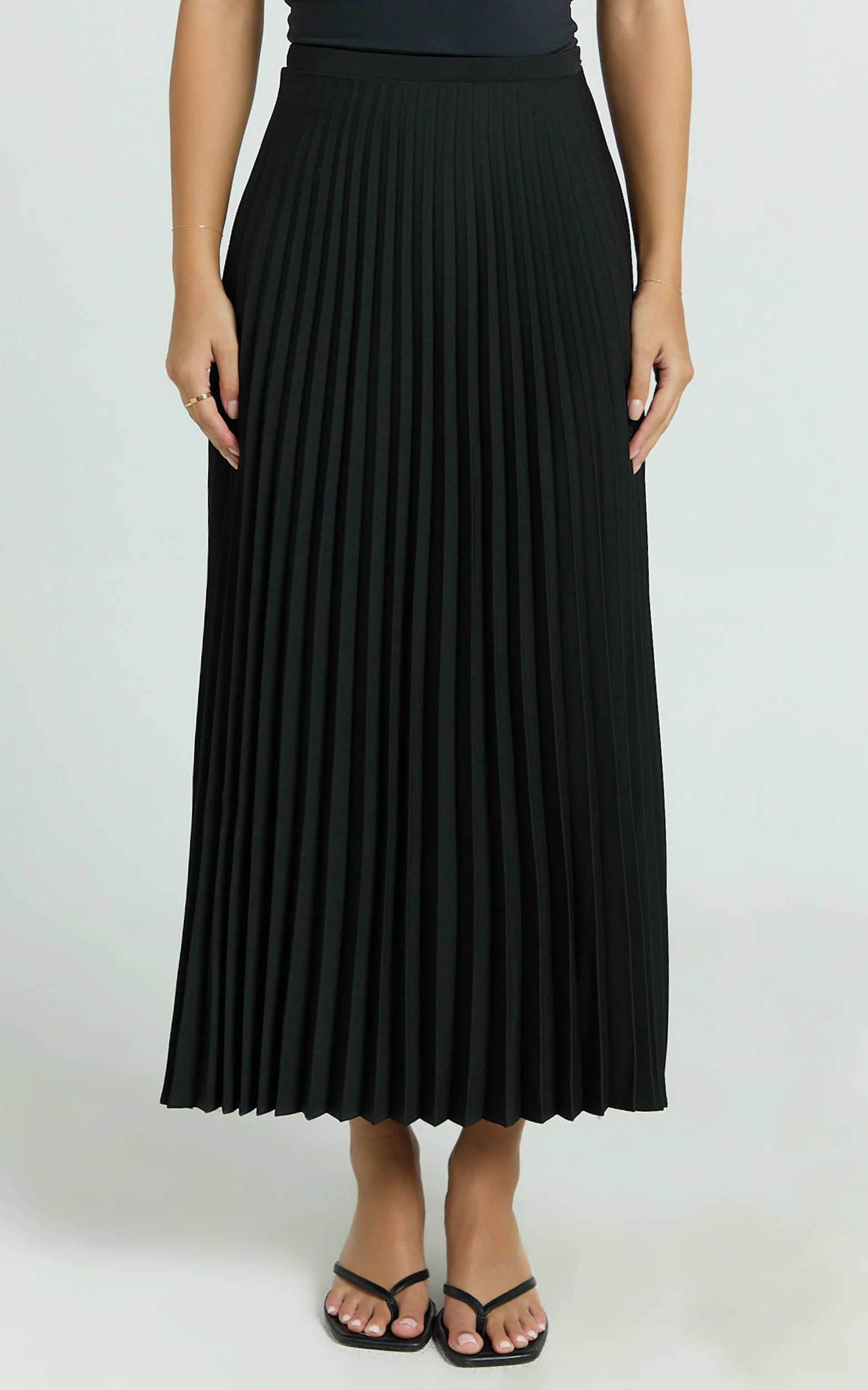 Harlee Midi Skirt - Pleated High Waist A Line Skirt in Black