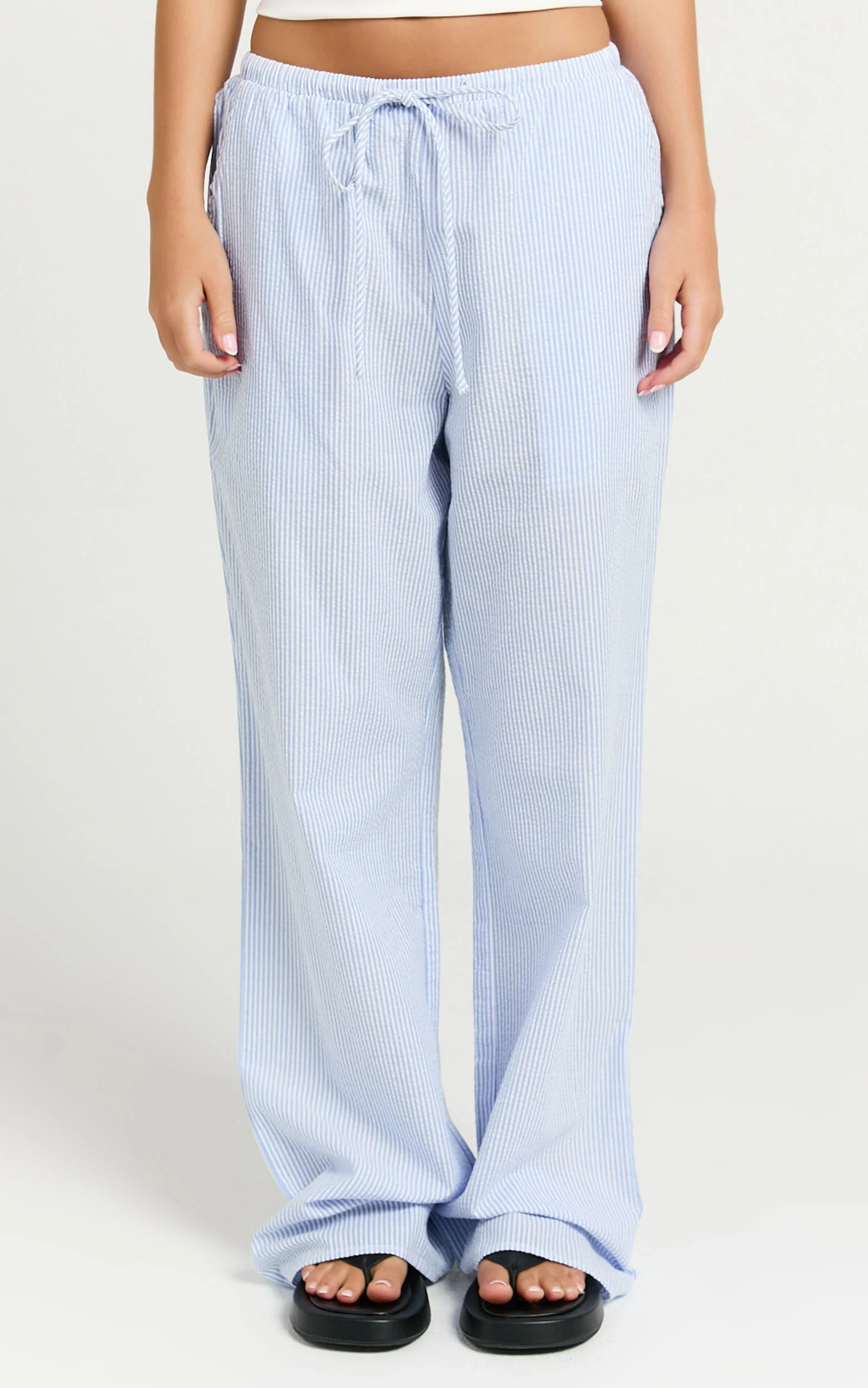 Harlo Pants - Mid Waisted Relaxed Leg Stripe Pants in Blue/ White