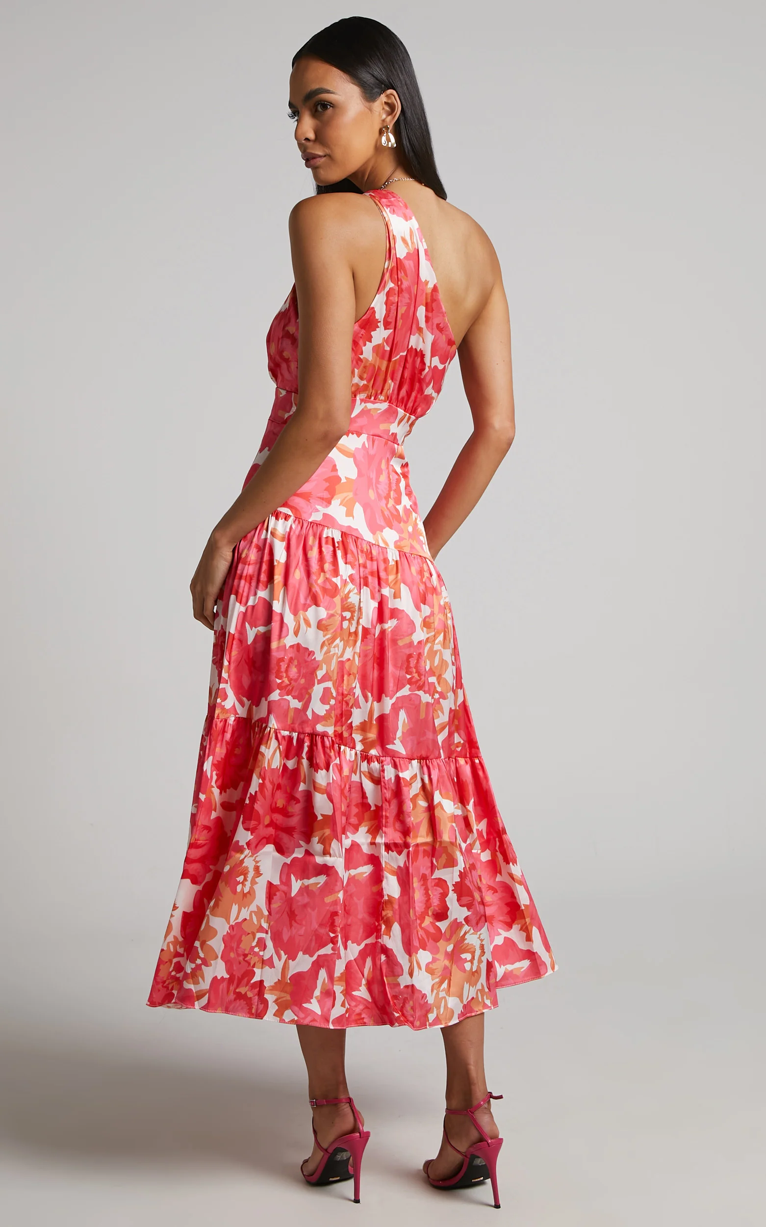 Georgine Midi Dress - One Shoulder Ruched Tiered Dress in Peony Blossom
