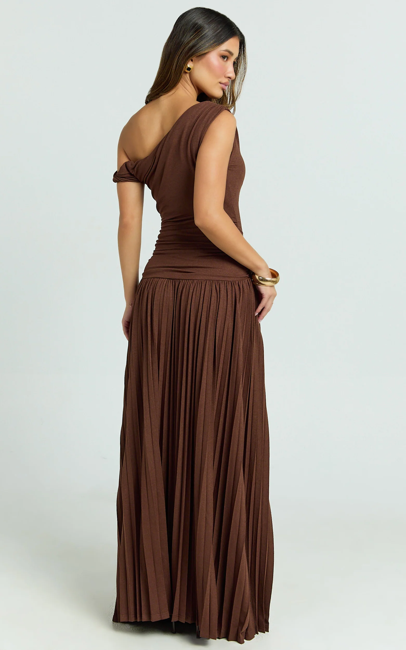 Yvonne Maxi Dress - Pleat Skirt Tip Shoulder Ruched Dress in Chocolate