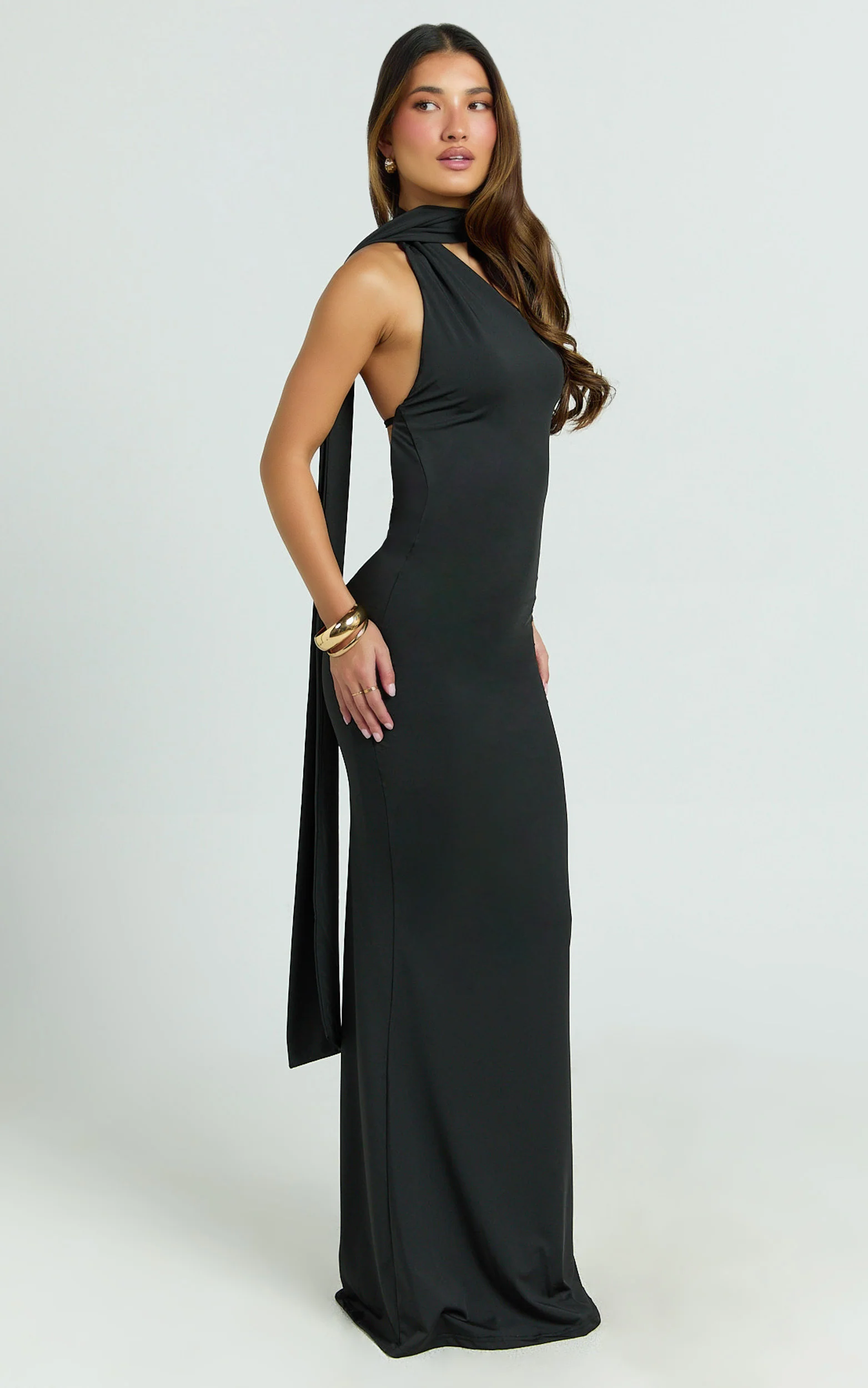 Seraphine Maxi Dress - Halter Neck Low Back Fit And Flare Dress in Black