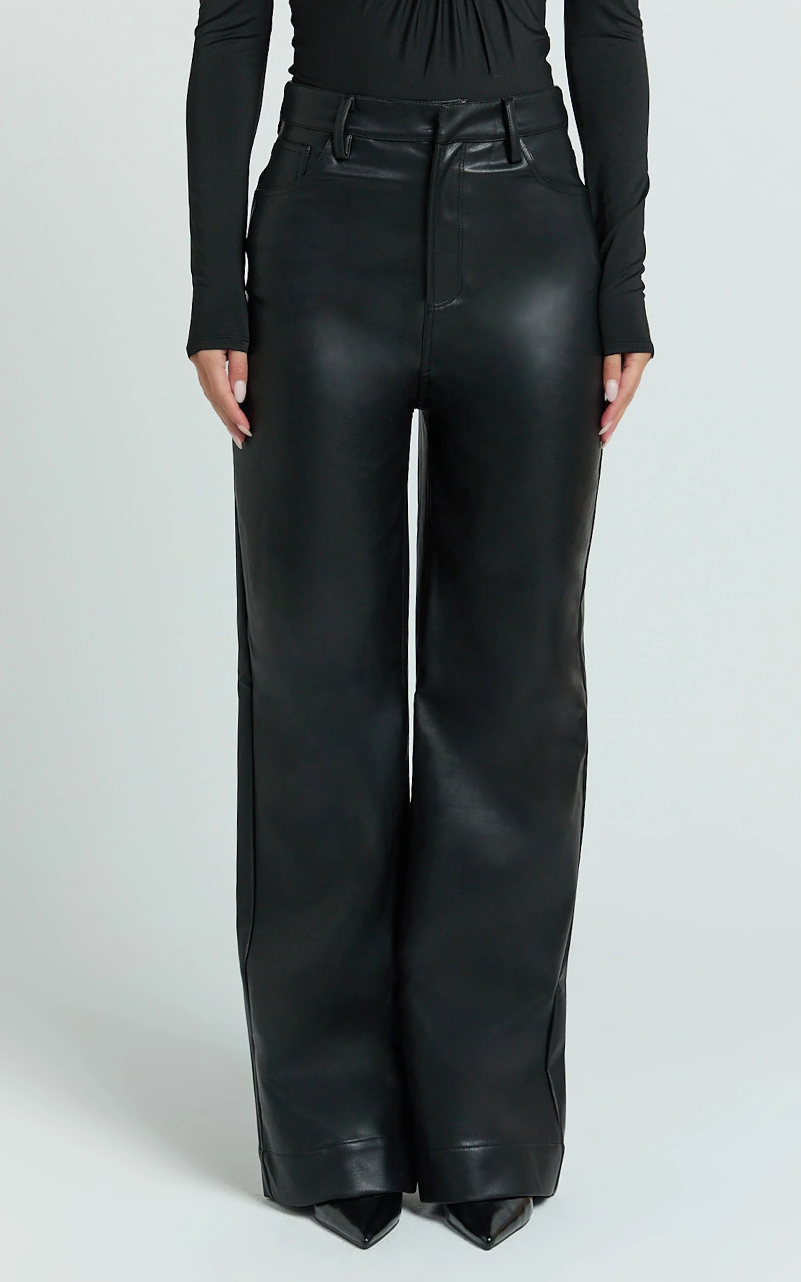 Ella Pants - High Waist Faux Leather Wide Leg Pants in Black