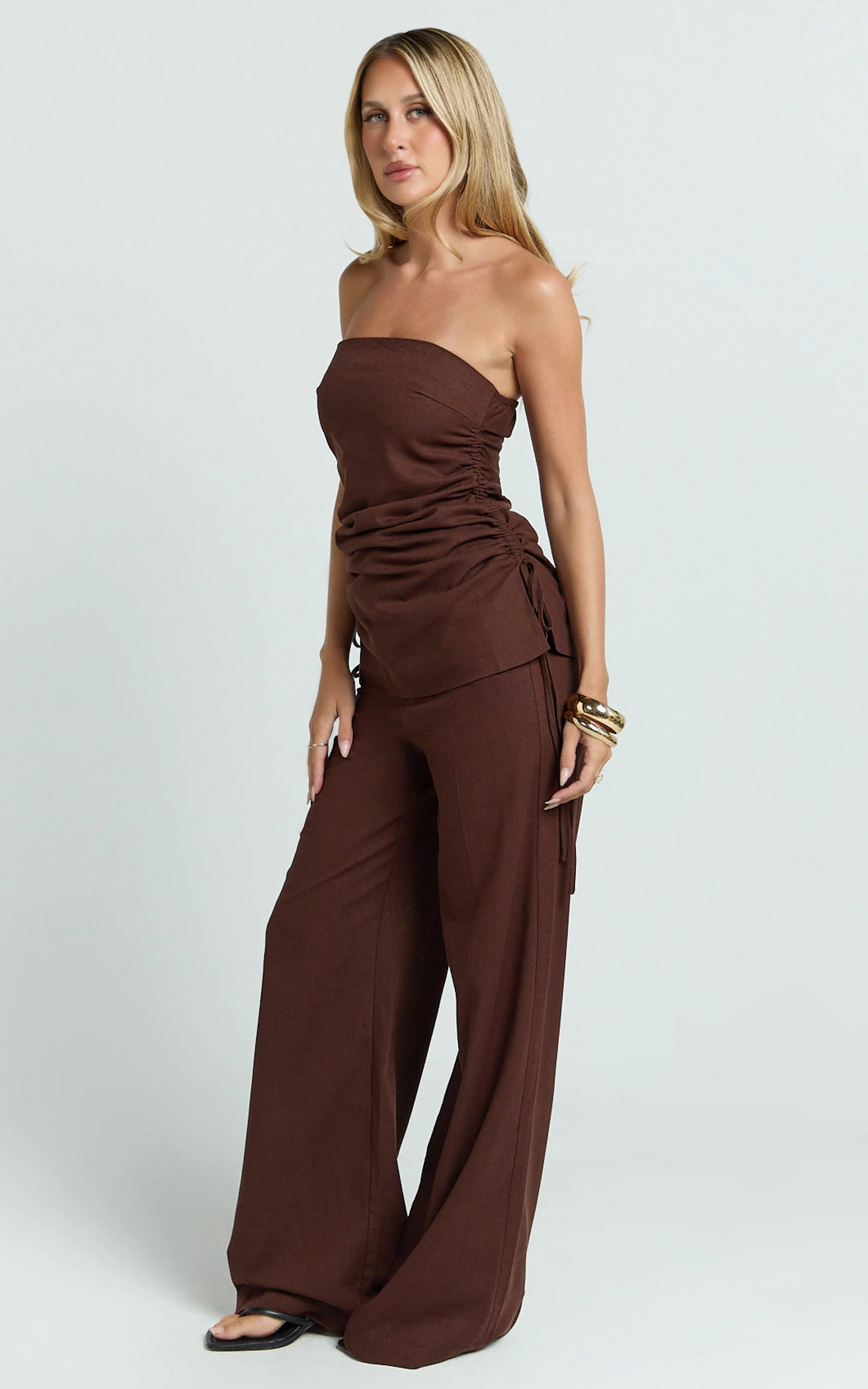 Cassia Two Piece Top and Pants Set - Strapless Top And Pants in Chocolate