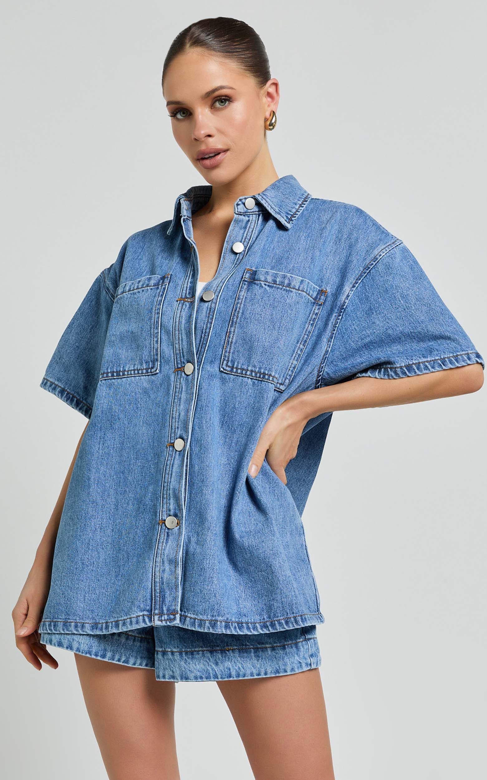 Rhianna Top - Oversized Recycled Denim Hardware Detail Short Sleeve Shirt in Mid Blue Wash
