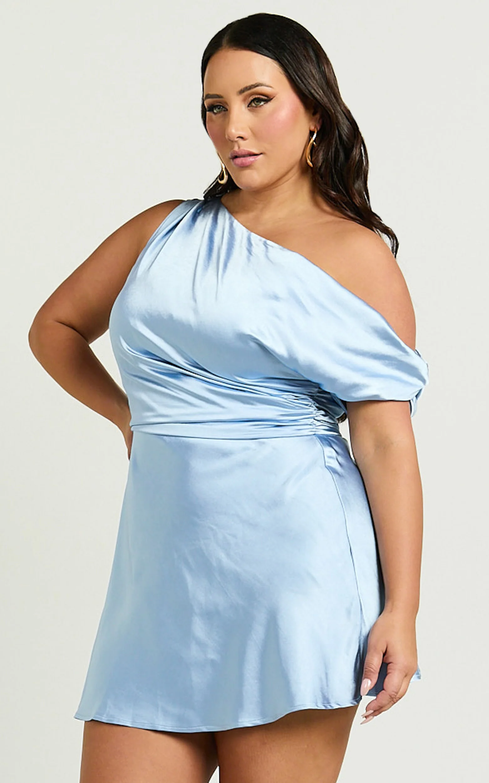 Adelaide Mini Dress - Off Shoulder Bias Cut Dress in Dove Blue