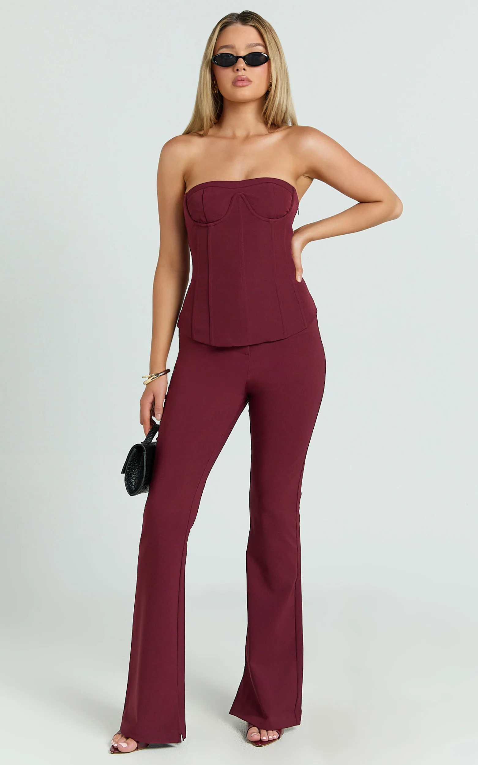 Irene Pants - Mid Rise Split Hem Bootleg Pants in Wine