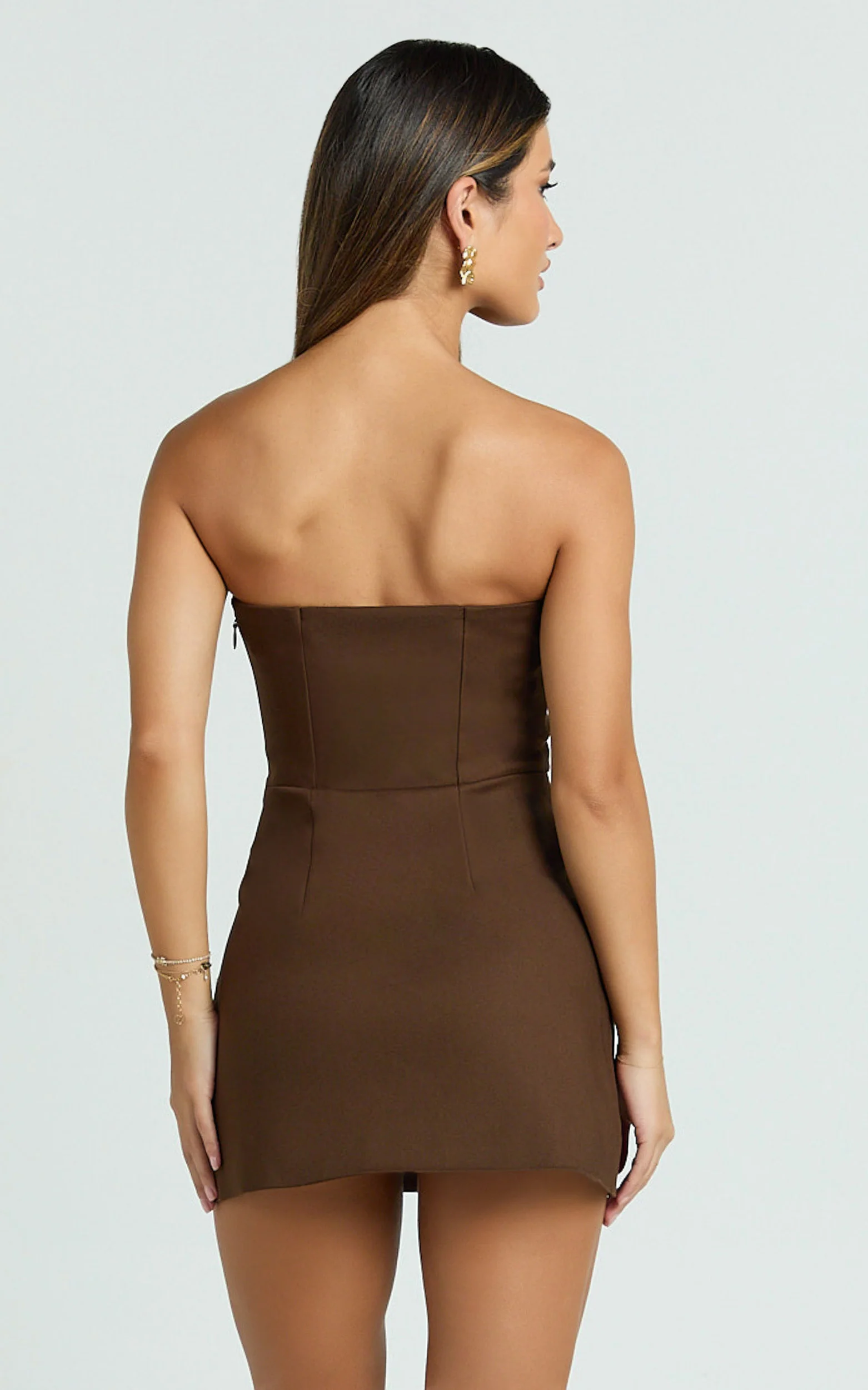 Octavia Mini Dress - Strapless A Line Wrap Skirt Dress in Chocolate